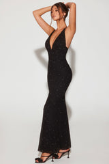 Siyah, Süslemeli Derin V Yaka Gece Elbisesi