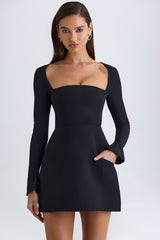 Siyah Kare Yakalı Yapılı Lale Mini Elbise