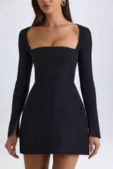 Siyah Kare Yakalı Yapılı Lale Mini Elbise