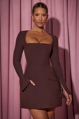 Çikolata Kahverengi Kare Yakalı Yapılı Lale Mini Elbise