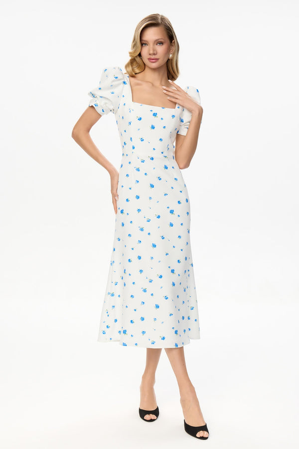 Godet Silhouette Kare Yaka Midi Elbise