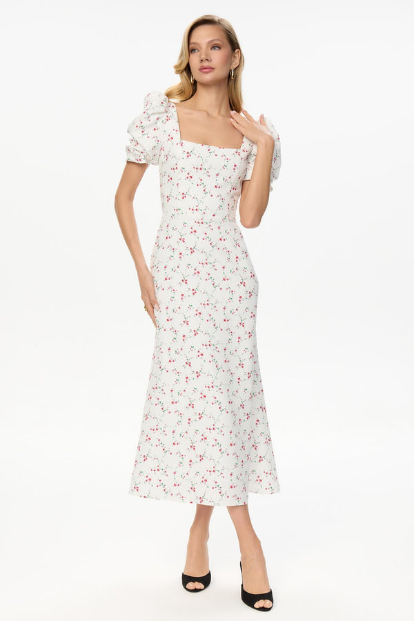 Godet Silhouette Kare Yaka Midi Elbise