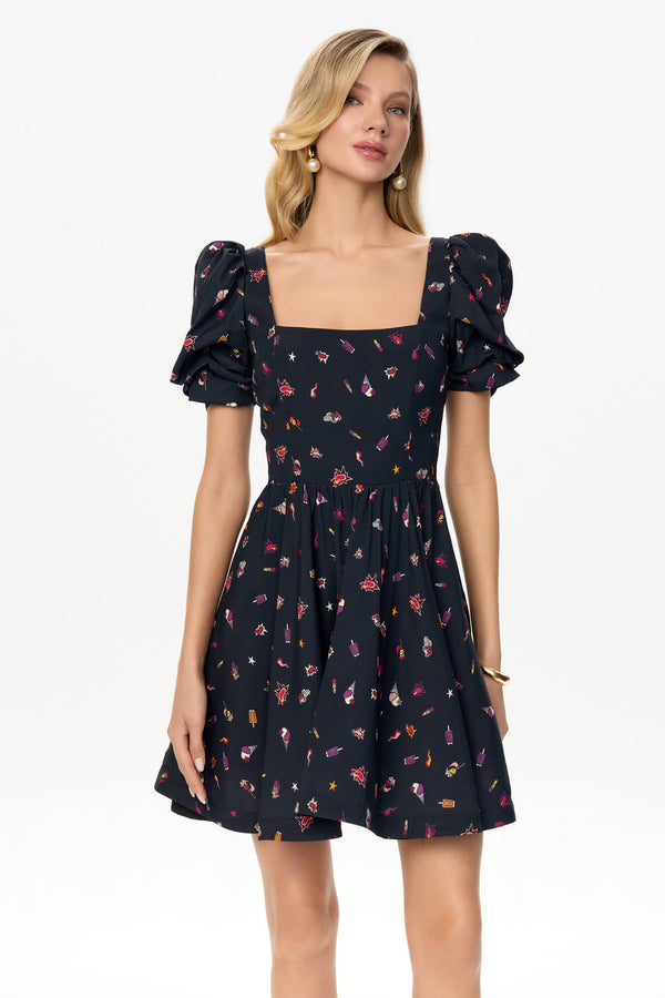 Kare Yakalı Puf Kollu Mini Elbise