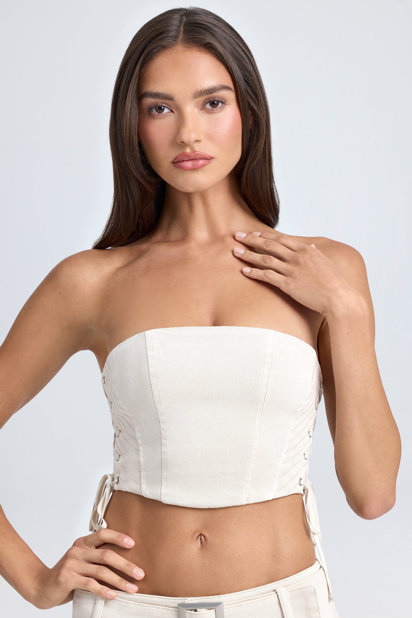 Bandeau Bağcıklı Korse Crop Top, Ekru
