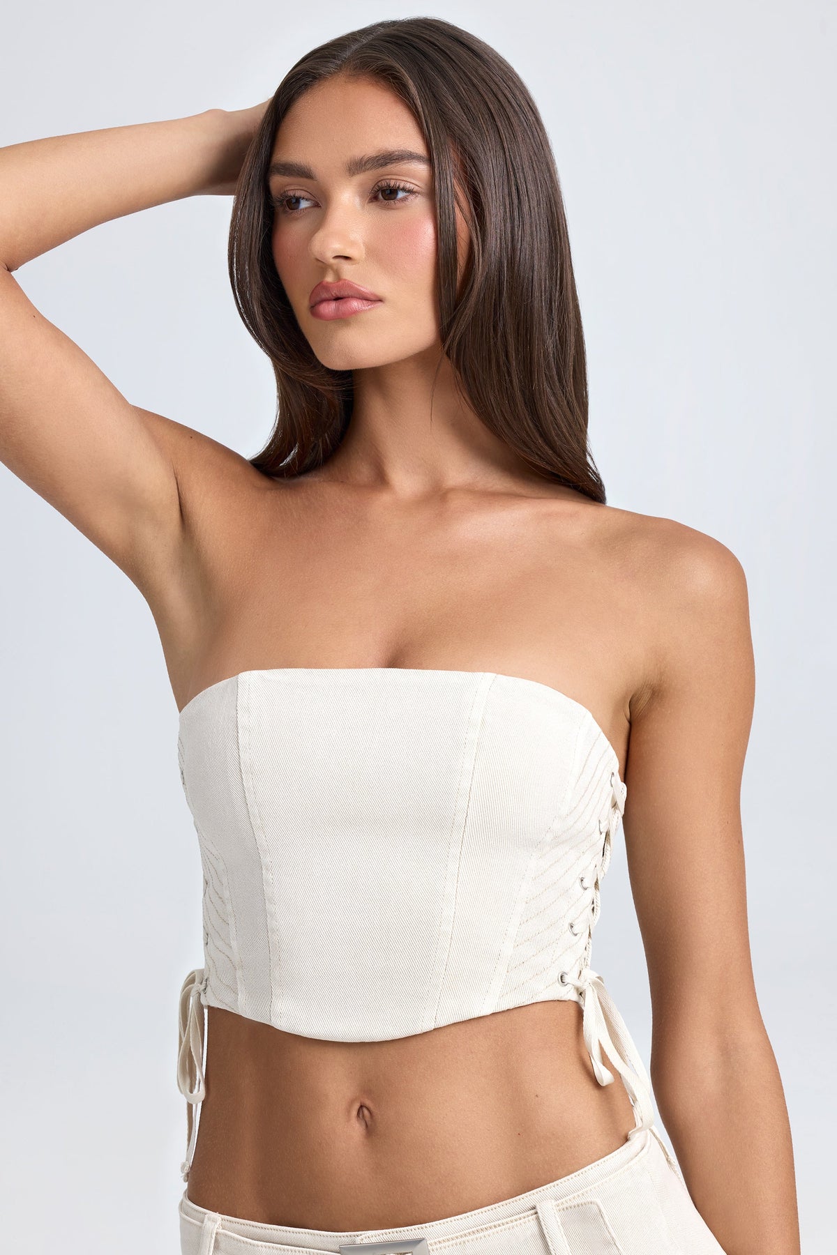 Bandeau Bağcıklı Korse Crop Top, Ekru