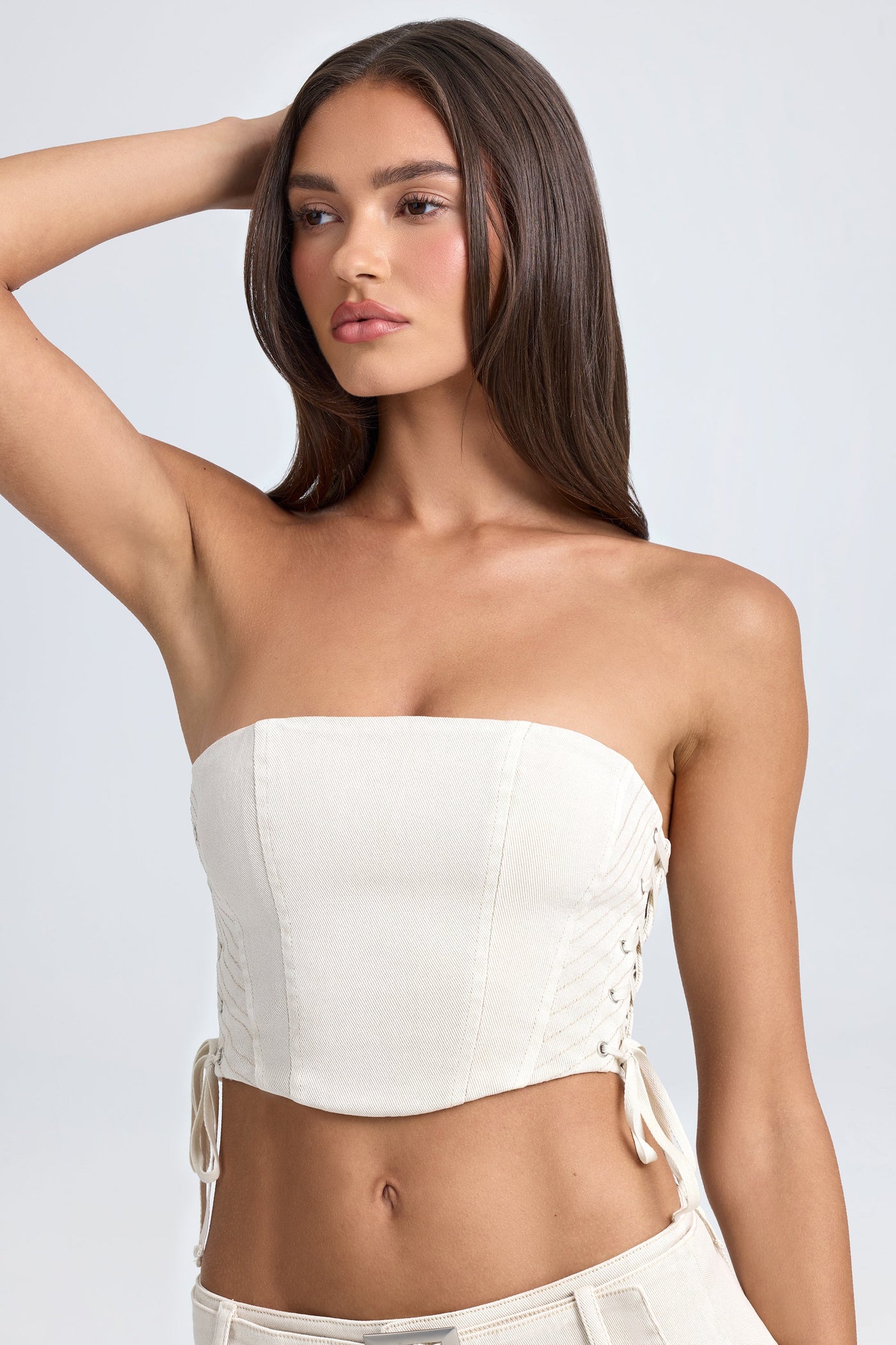 Bandeau Bağcıklı Korse Crop Top, Ekru
