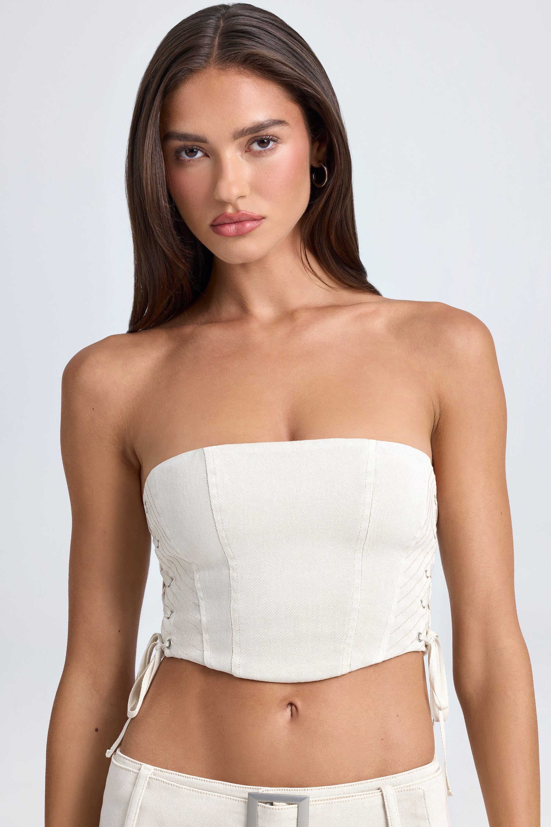 Bandeau Bağcıklı Korse Crop Top, Ekru