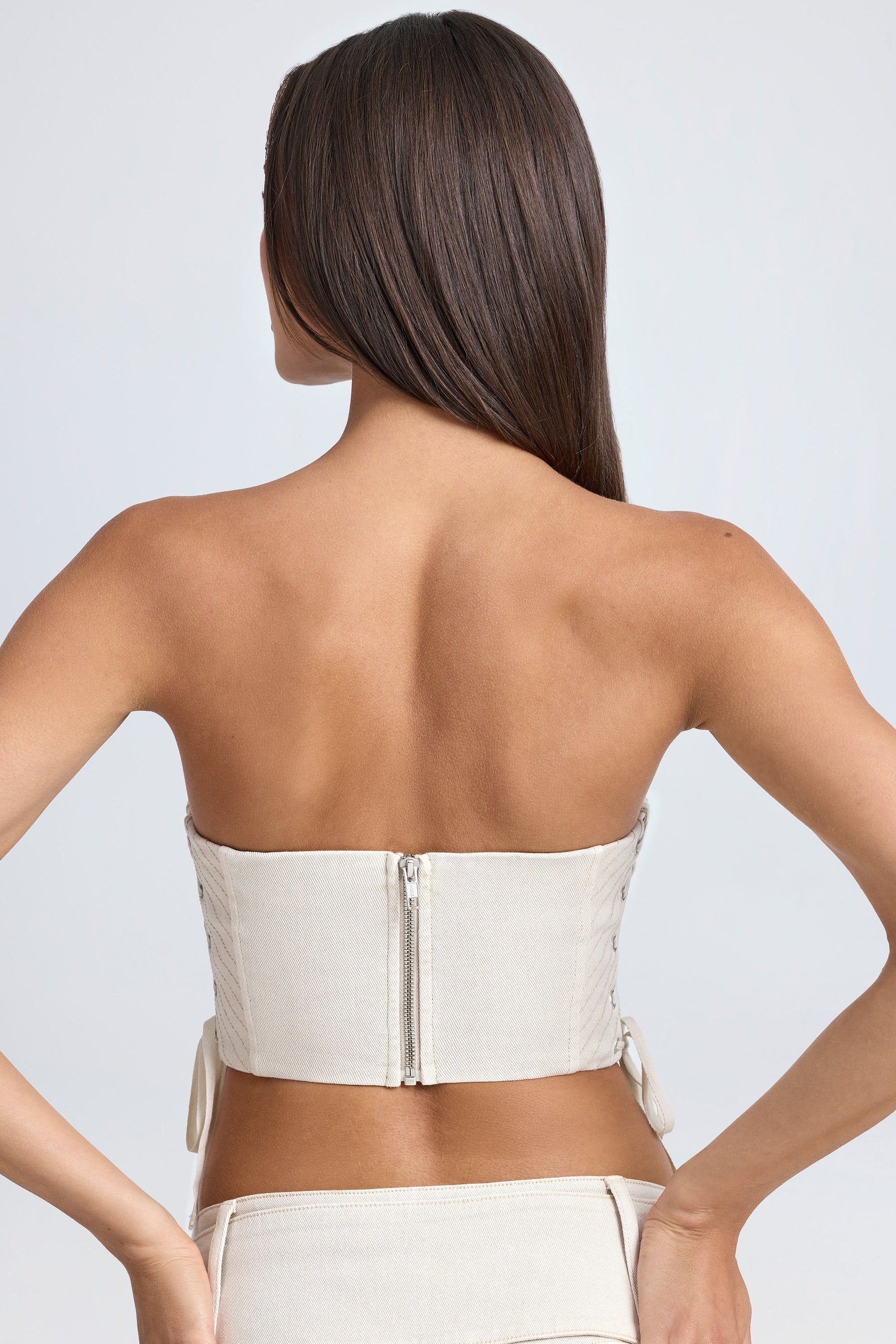 Bandeau Bağcıklı Korse Crop Top, Ekru