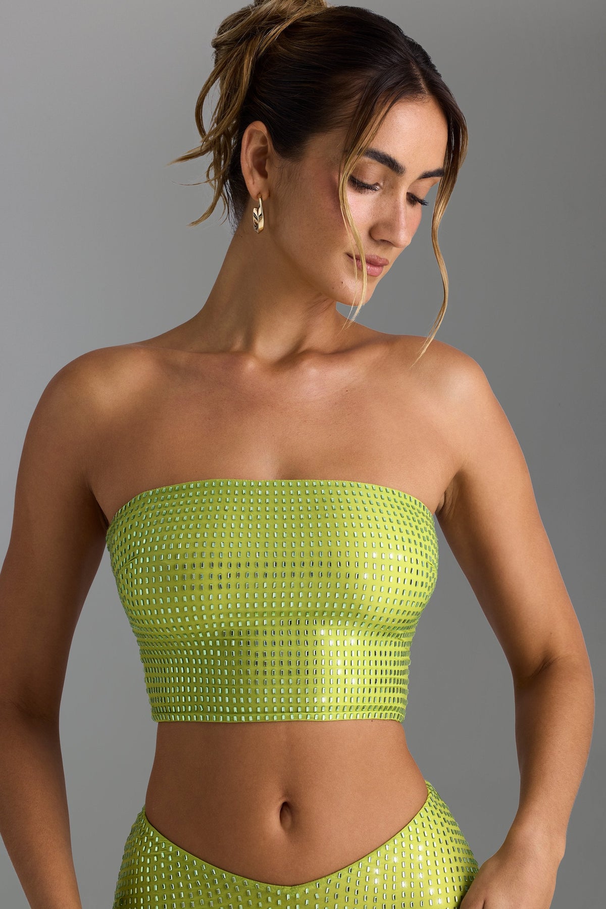 Süslemeli Askılı, Sırtı Açık Bandeau Bluz, İnci Yeşili