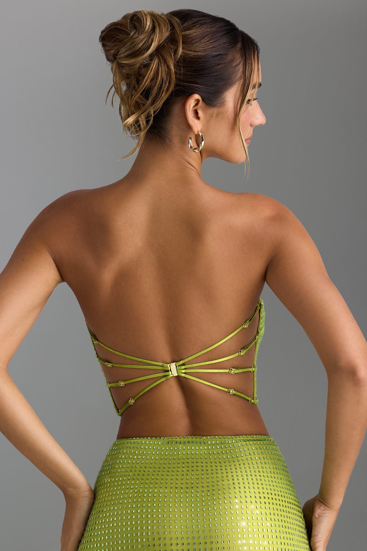 Süslemeli Askılı, Sırtı Açık Bandeau Bluz, İnci Yeşili