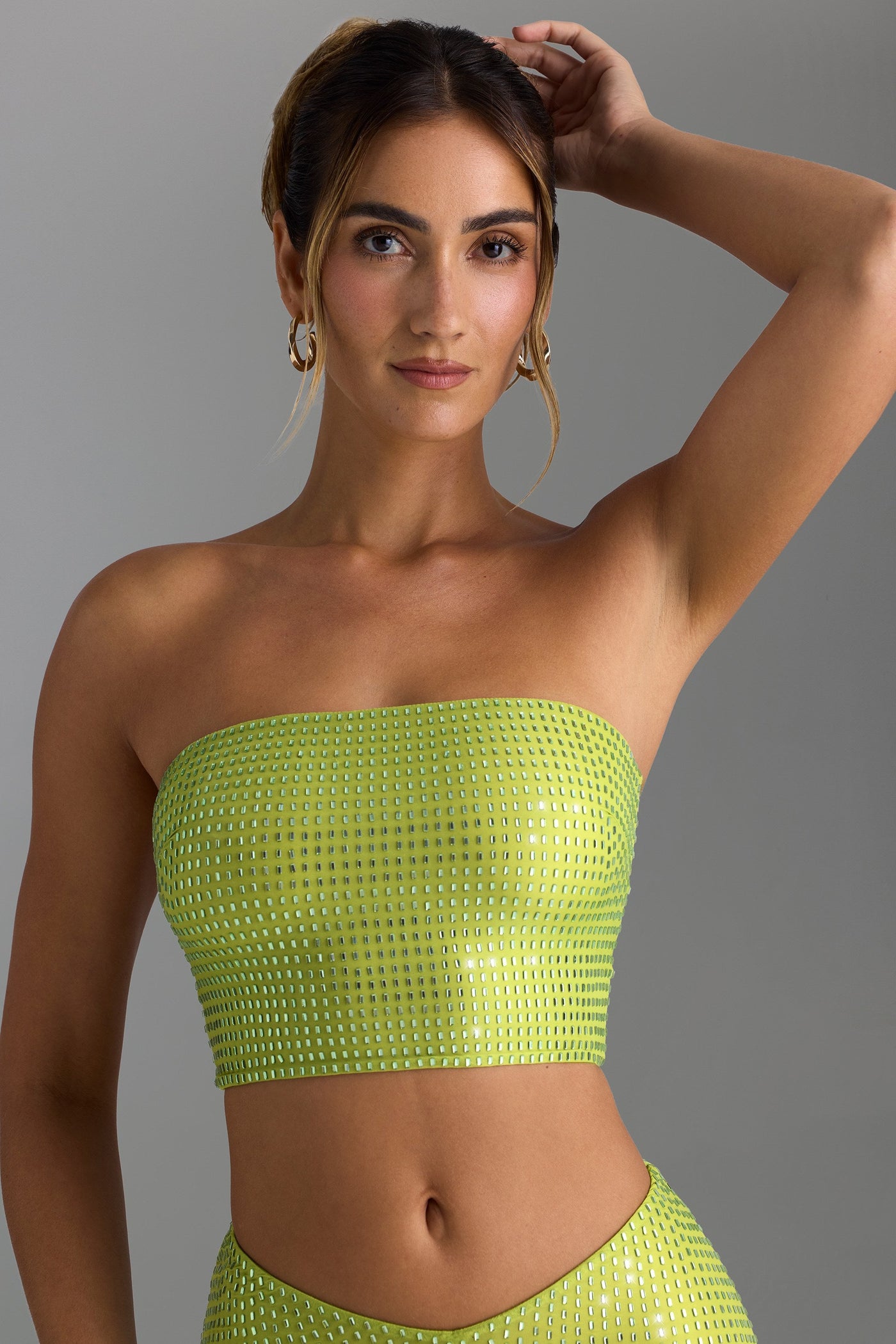 Süslemeli Askılı, Sırtı Açık Bandeau Bluz, İnci Yeşili