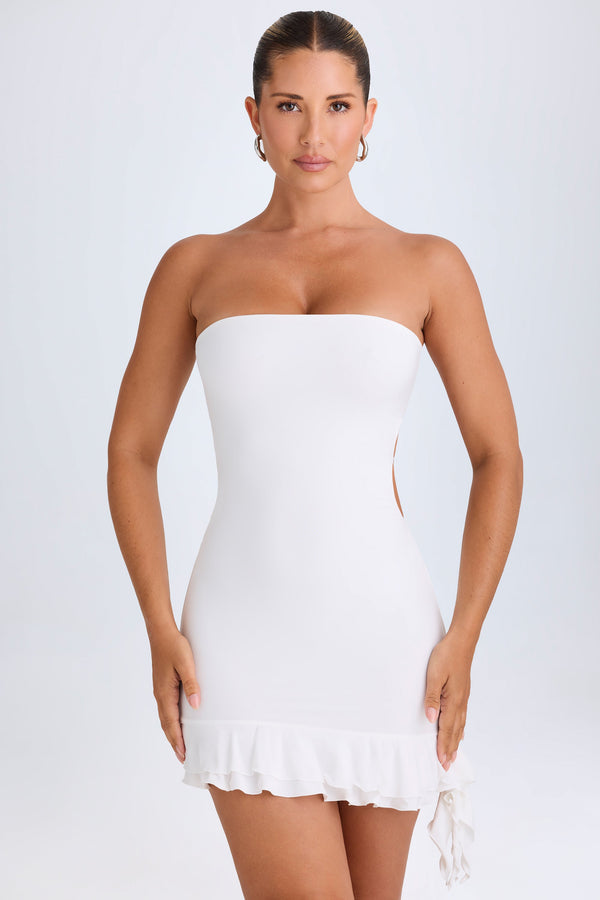 Beyaz Volanlı Kesimli Mini Bandeau Elbise