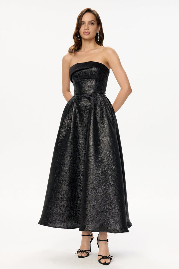 Kıvrımlı Jakarlı Midi Elbise