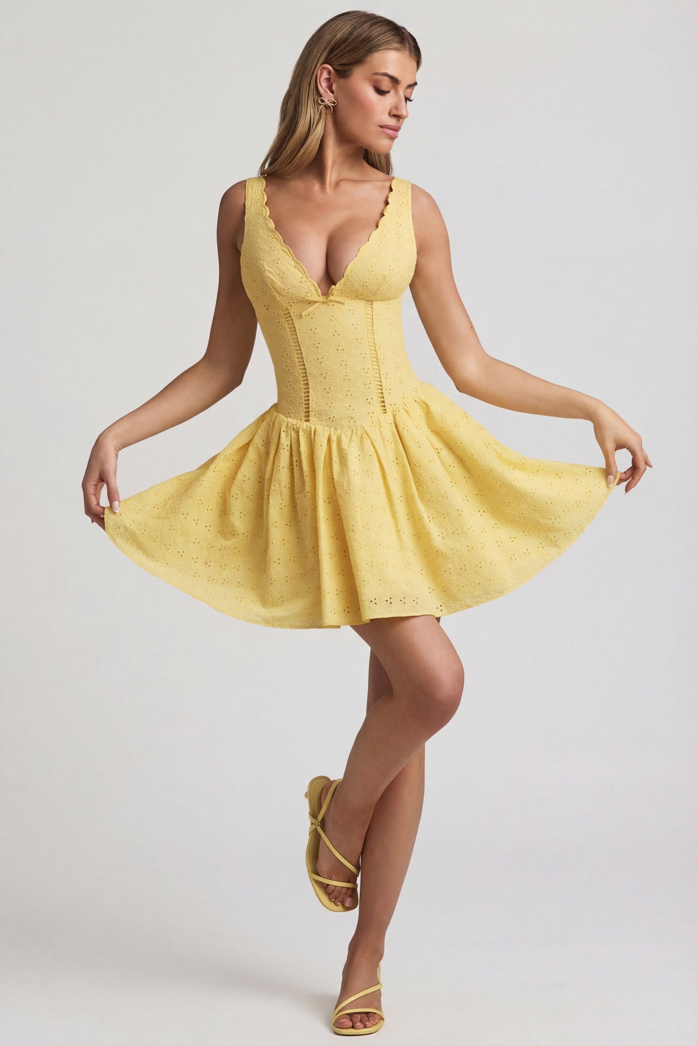 Broderie Anglaise Kurdele Detaylı A Kesim Mini Elbise, Pastel Sarı