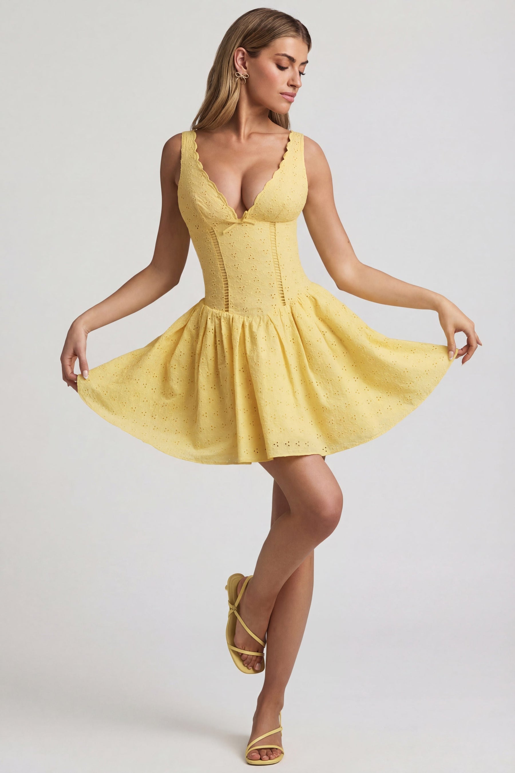 Broderie Anglaise Kurdele Detaylı A Kesim Mini Elbise, Pastel Sarı