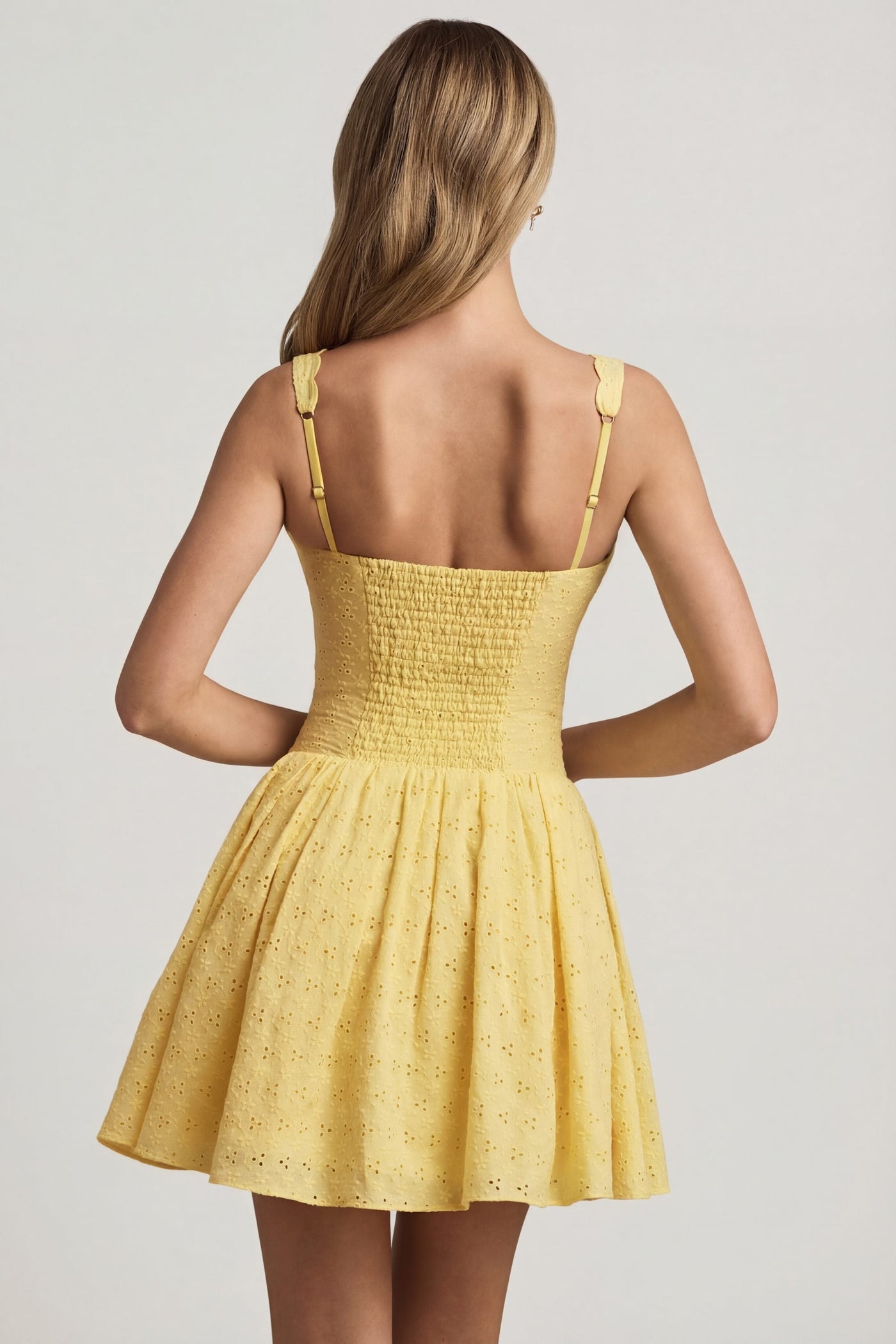 Broderie Anglaise Kurdele Detaylı A Kesim Mini Elbise, Pastel Sarı