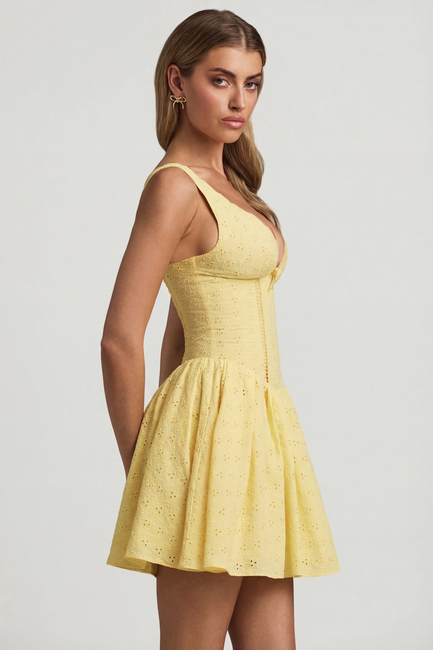 Broderie Anglaise Kurdele Detaylı A Kesim Mini Elbise, Pastel Sarı