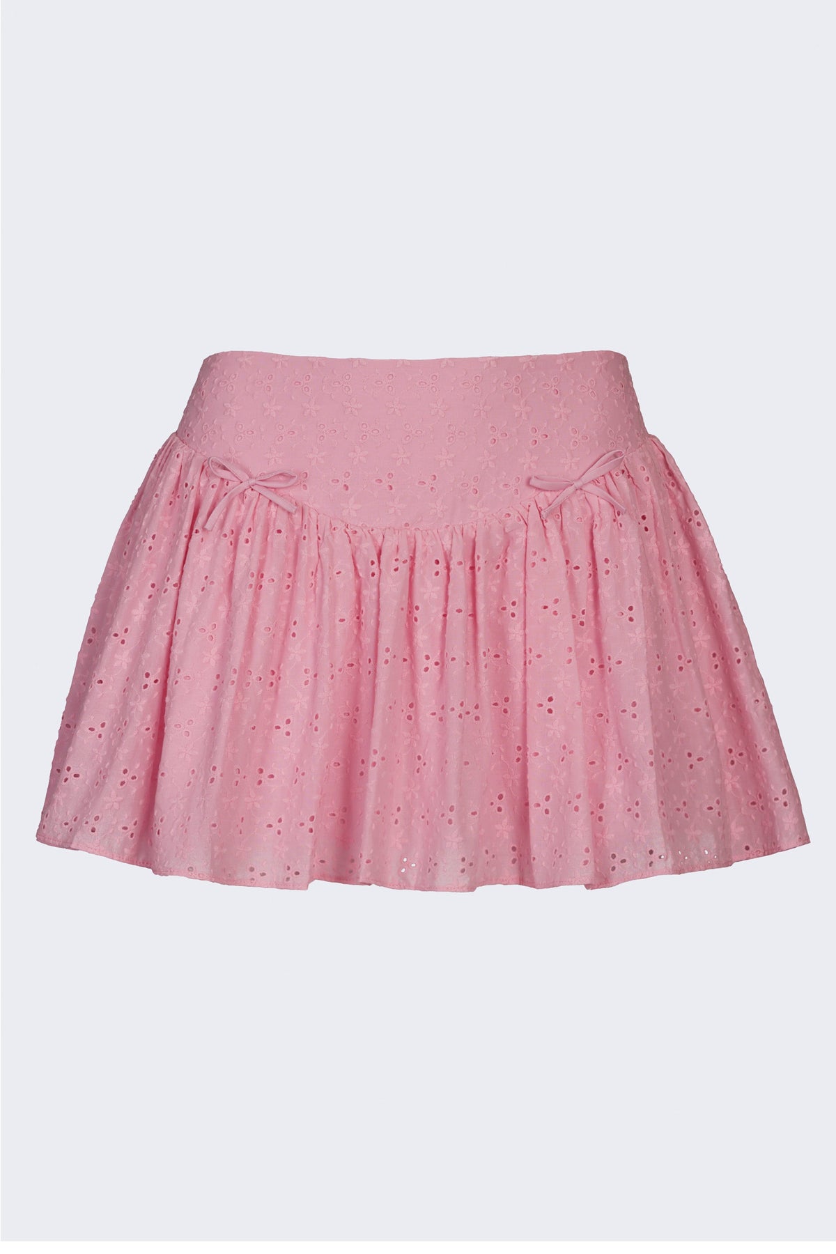 Yumuşak Pembe Renkte, Fiyonk Detaylı Broderie Anglaise Mini Etek