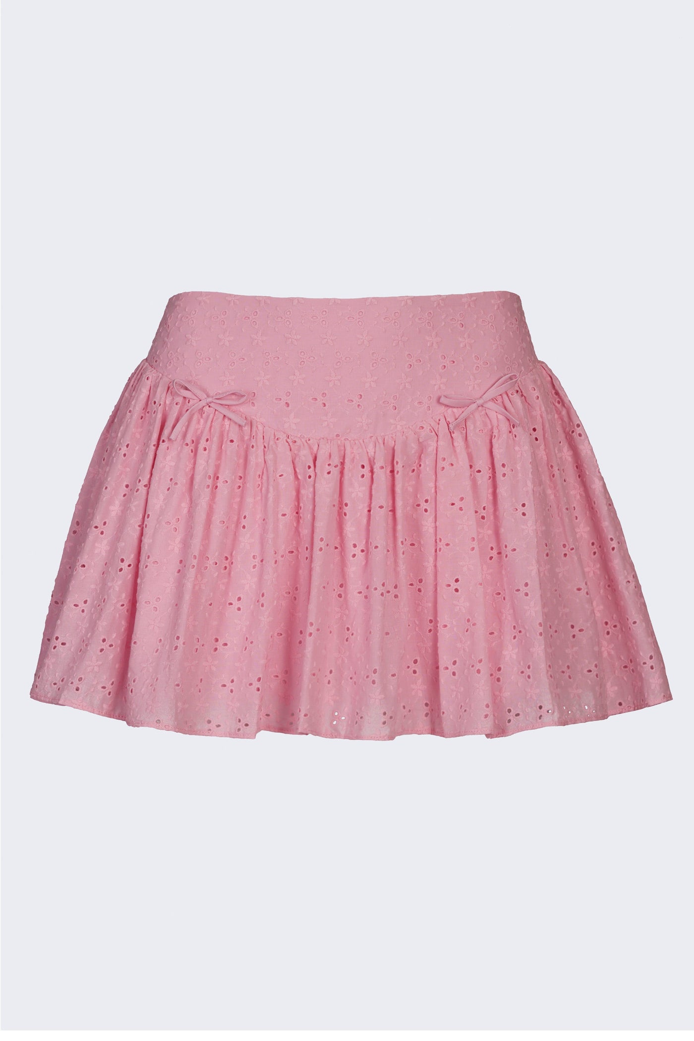 Yumuşak Pembe Renkte, Fiyonk Detaylı Broderie Anglaise Mini Etek