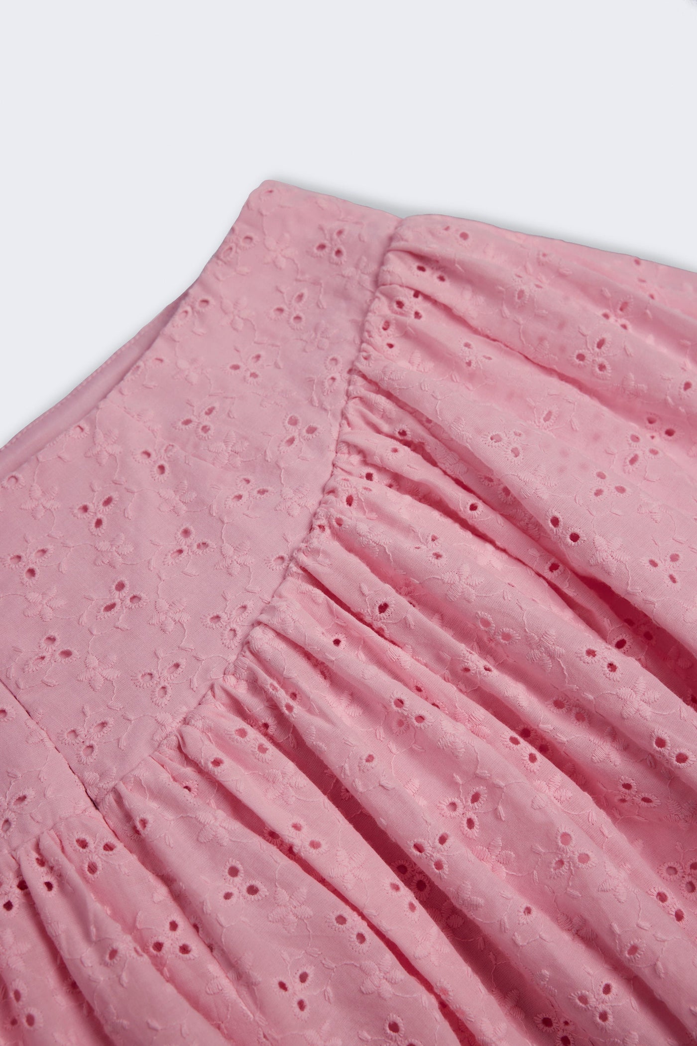 Yumuşak Pembe Renkte, Fiyonk Detaylı Broderie Anglaise Mini Etek