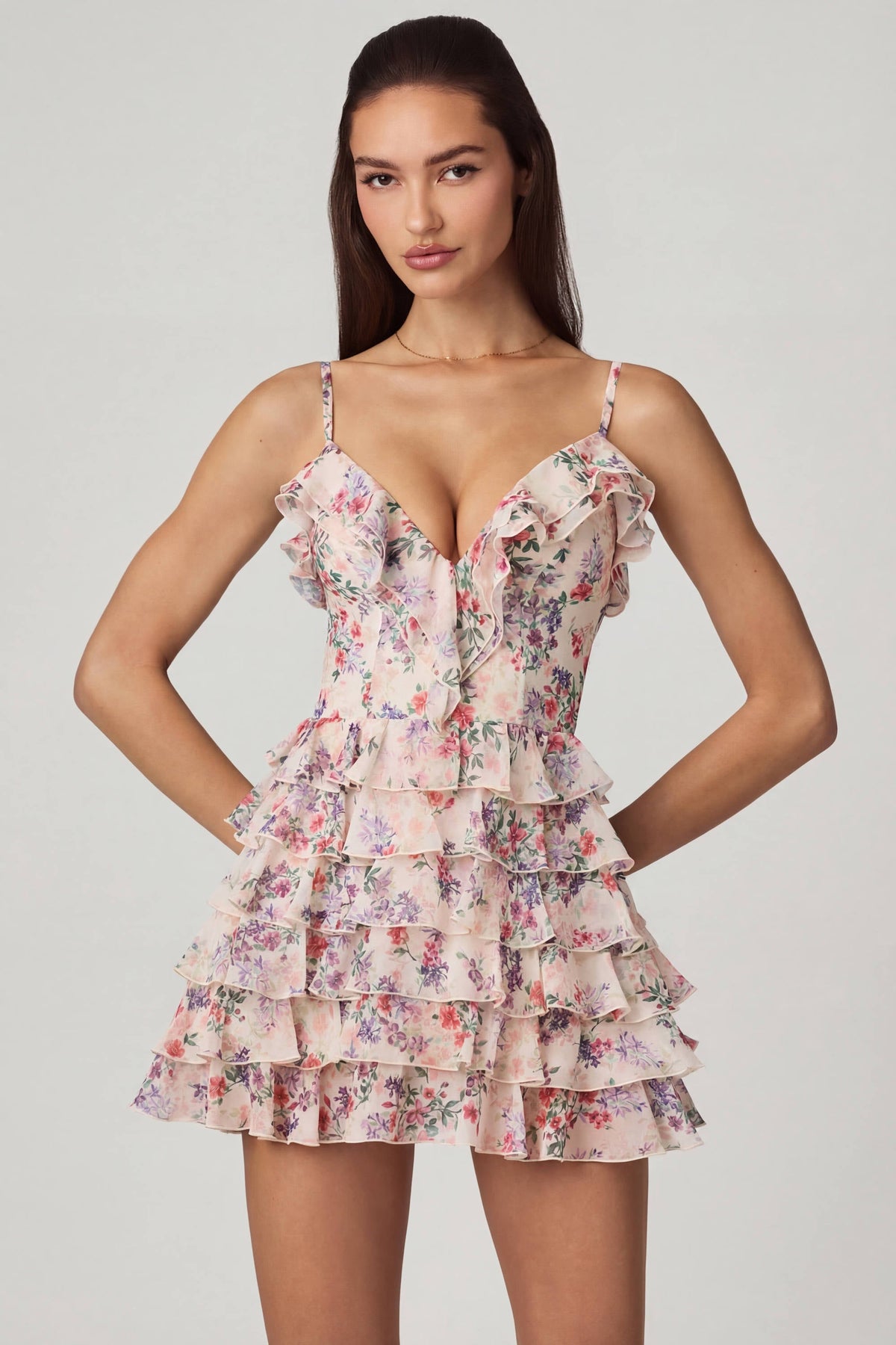 Fırfırlı, Bağcıklı, A Kesim Mini Elbise, Primrose Çiçek Desenli