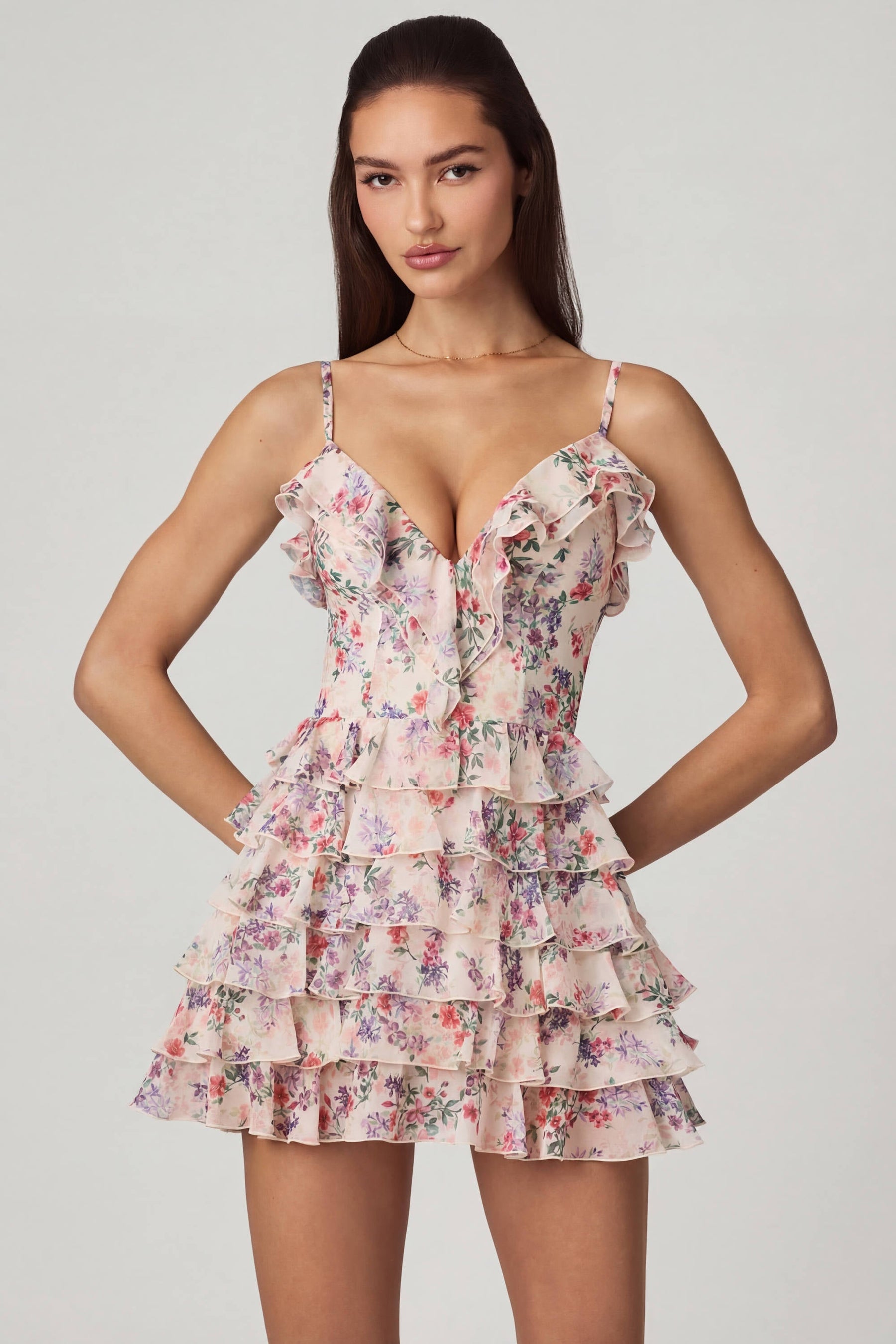Fırfırlı, Bağcıklı, A Kesim Mini Elbise, Primrose Çiçek Desenli