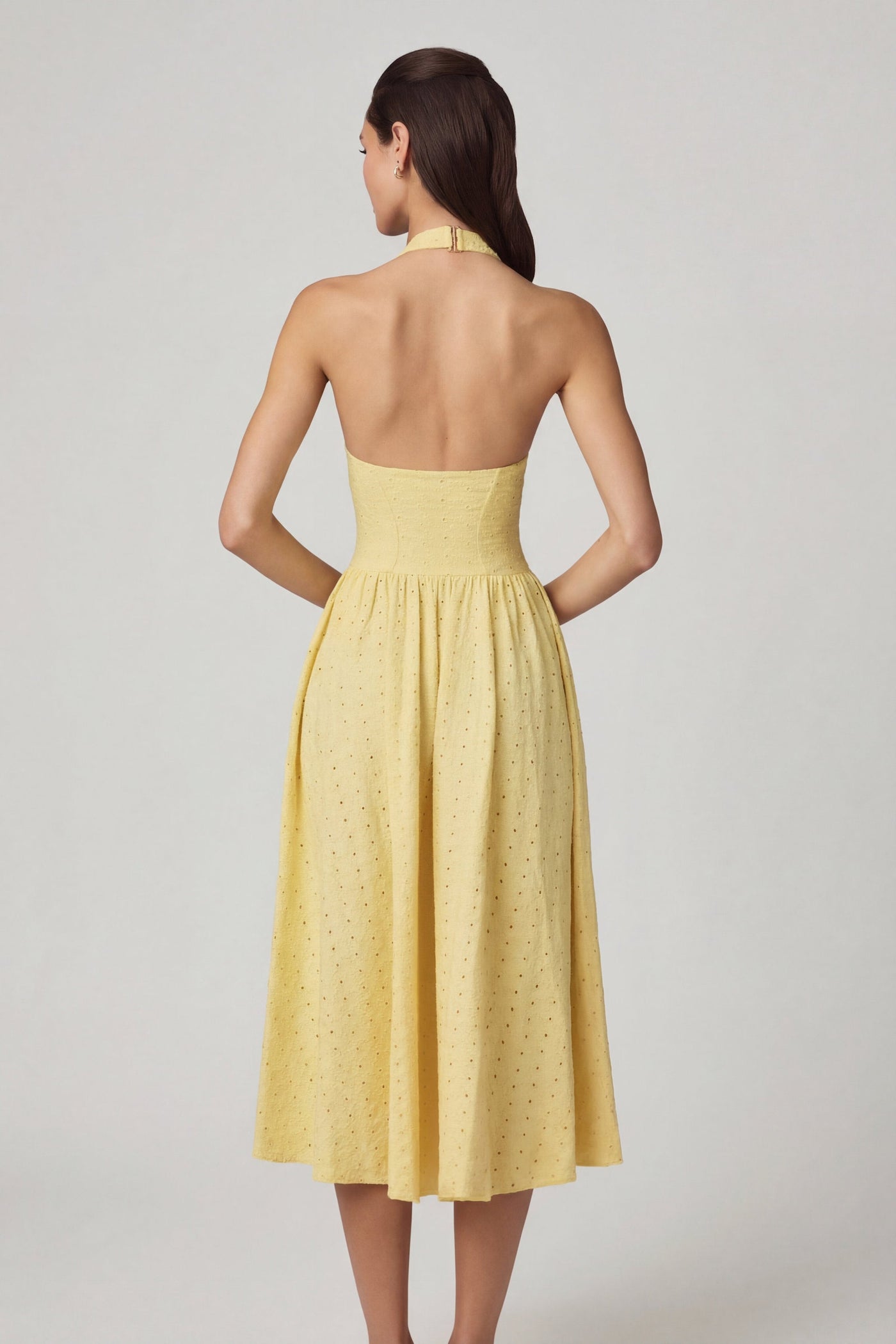 Modal Broderie Anglaise Limon Sarısı Boyundan Bağlı Midaksi Elbise