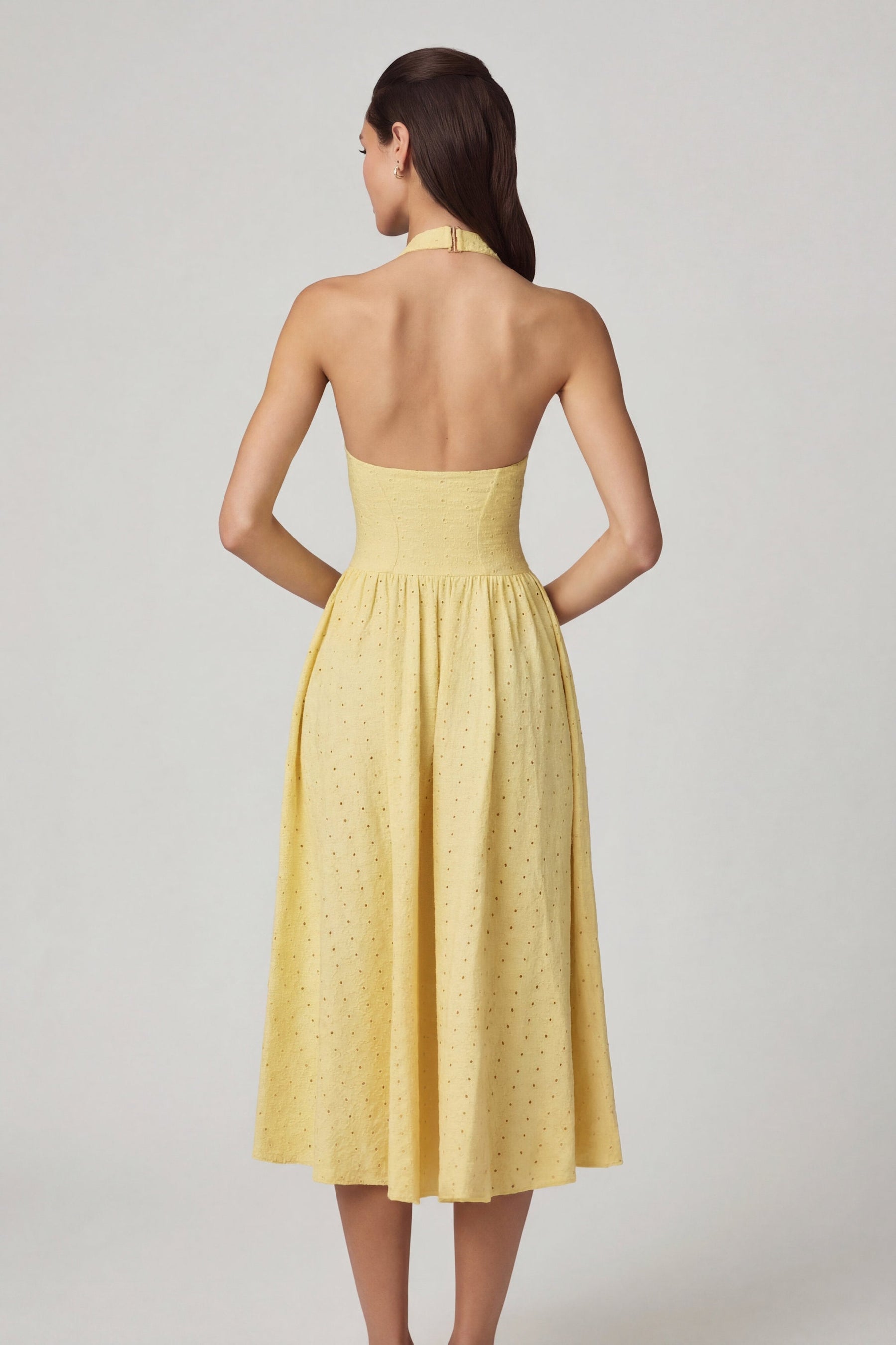 Modal Broderie Anglaise Limon Sarısı Boyundan Bağlı Midaksi Elbise
