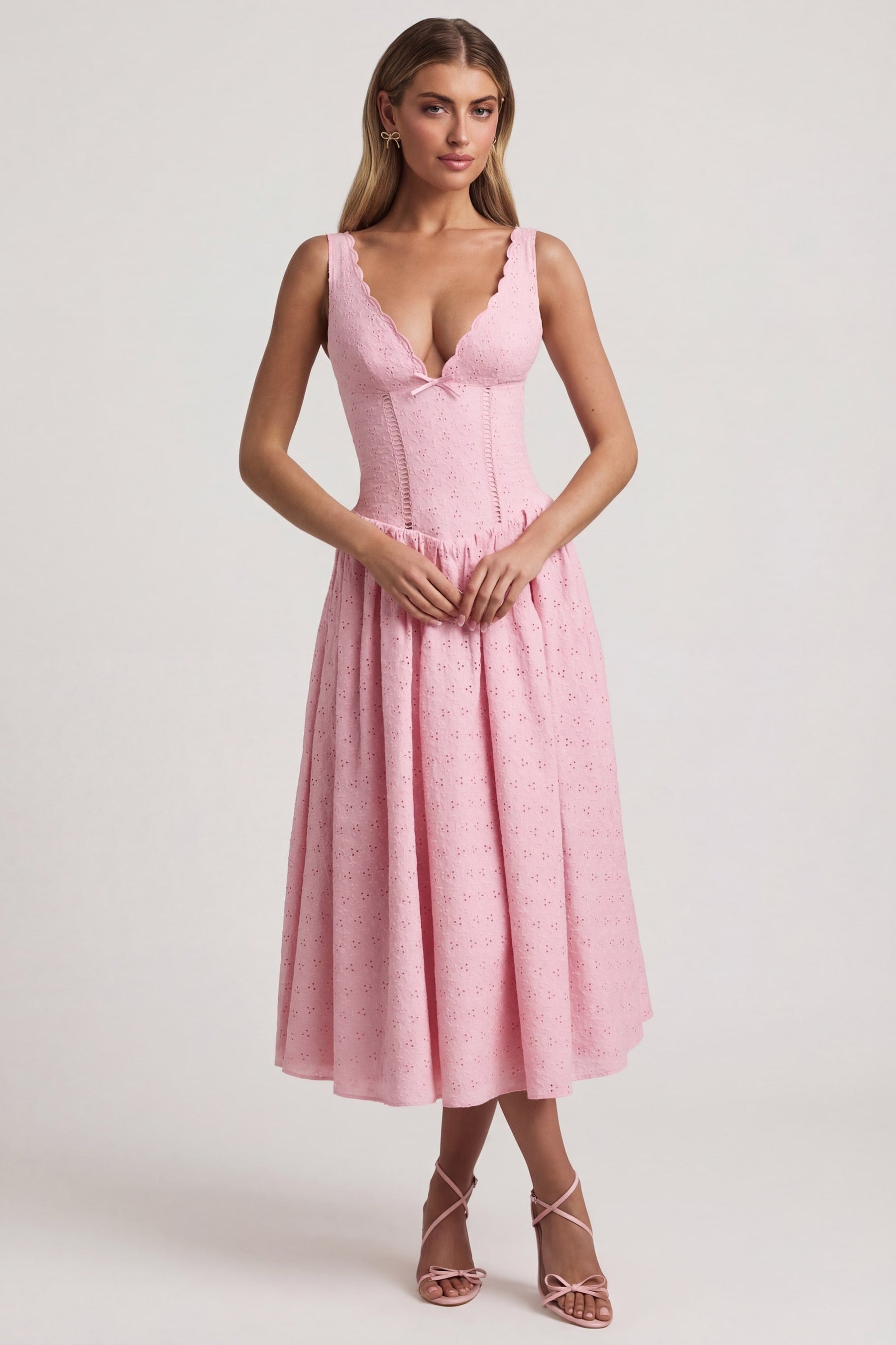 Broderie Anglaise Kurdele Detaylı A Kesim Midaxi Elbise, Yumuşak Pembe