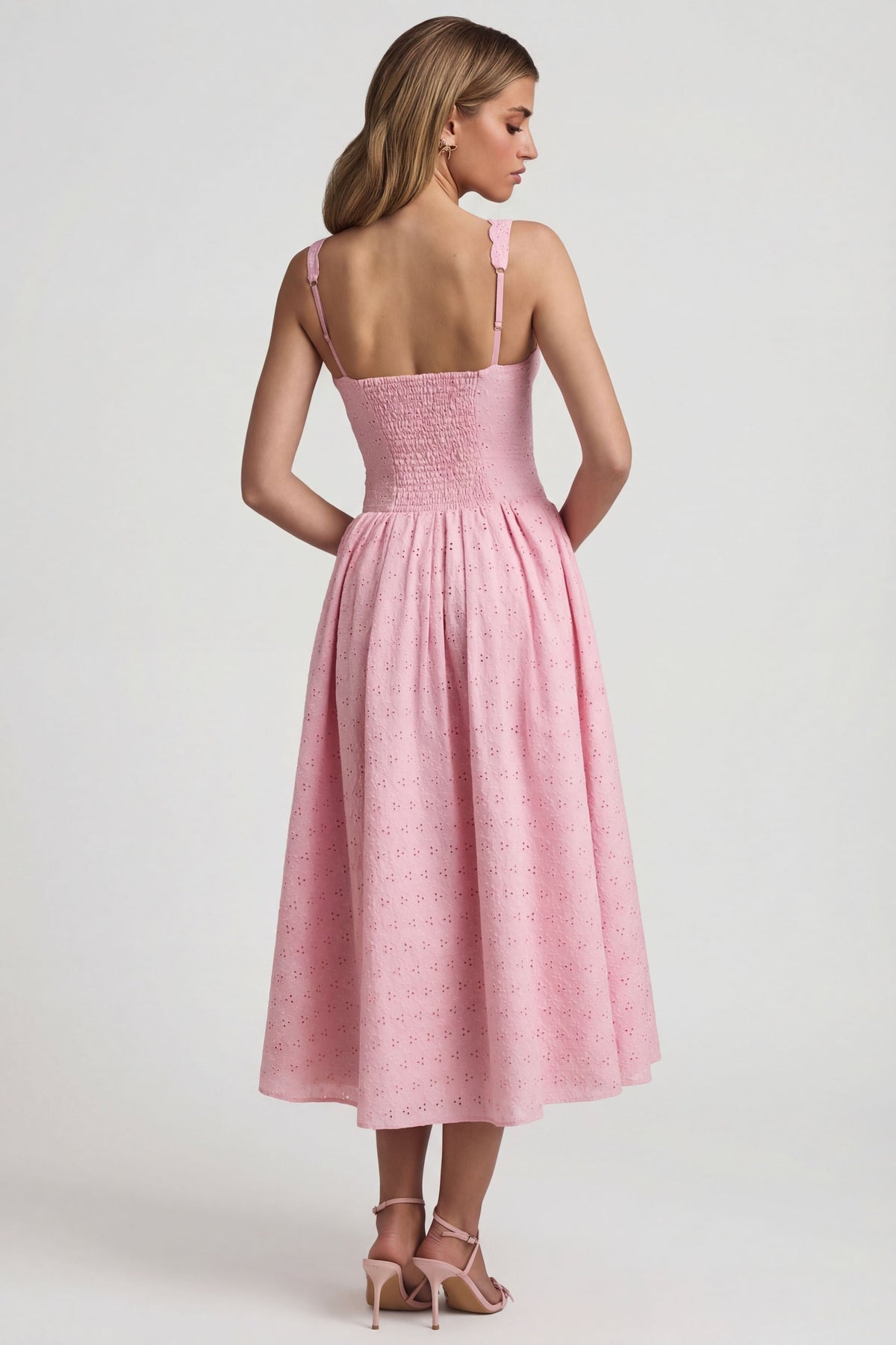 Broderie Anglaise Kurdele Detaylı A Kesim Midaxi Elbise, Yumuşak Pembe