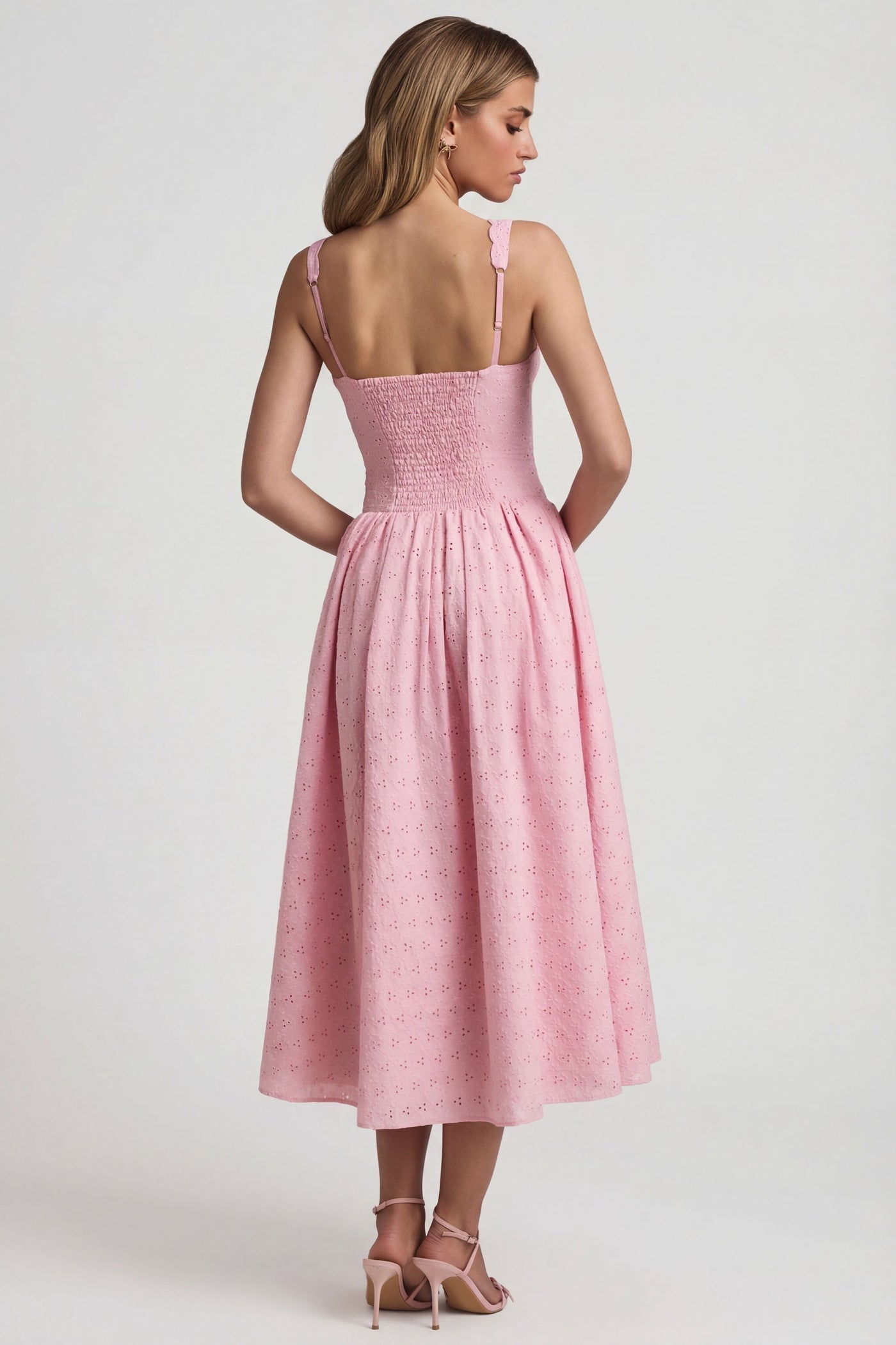 Broderie Anglaise Kurdele Detaylı A Kesim Midaxi Elbise, Yumuşak Pembe