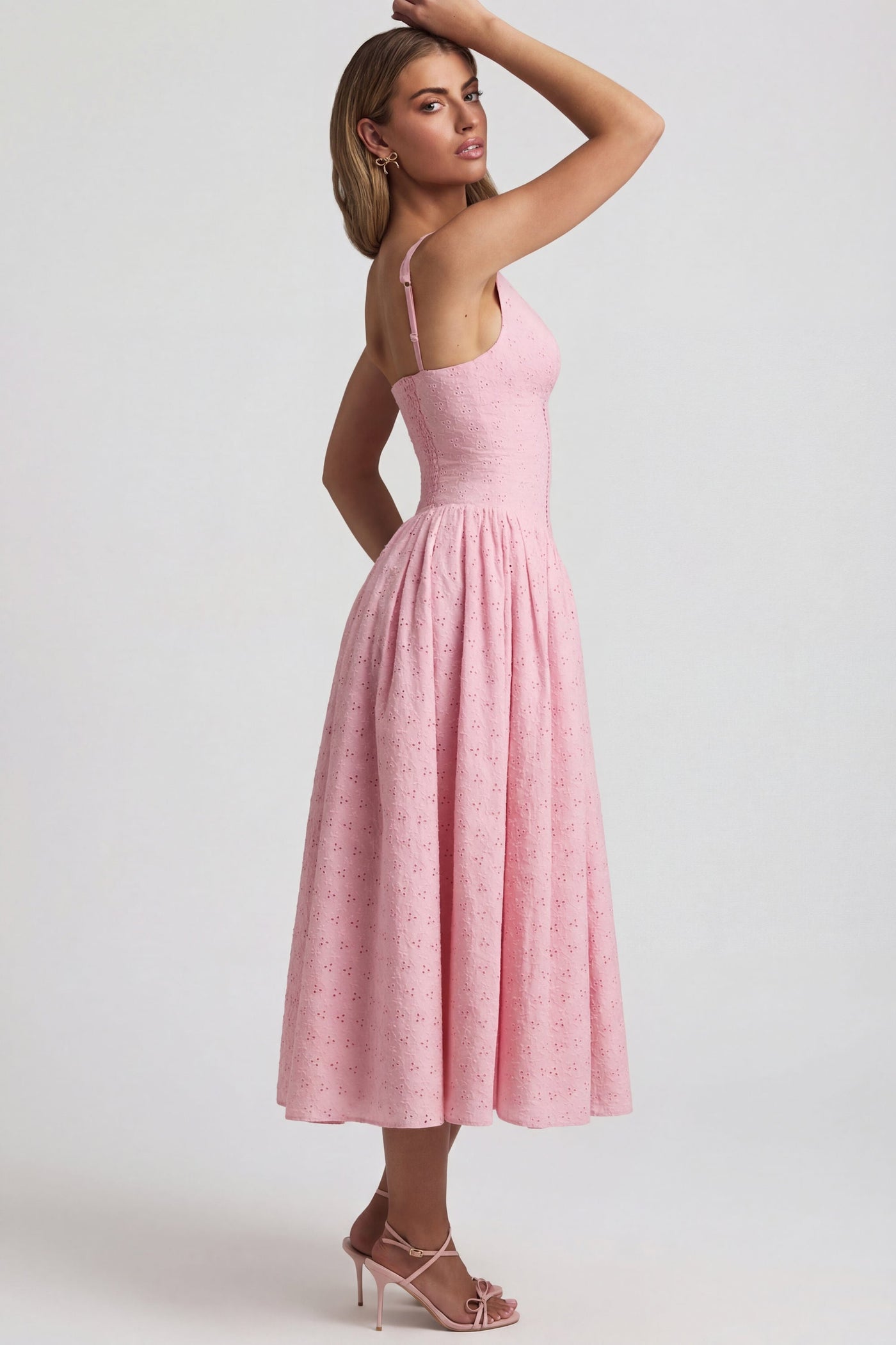 Broderie Anglaise Kurdele Detaylı A Kesim Midaxi Elbise, Yumuşak Pembe
