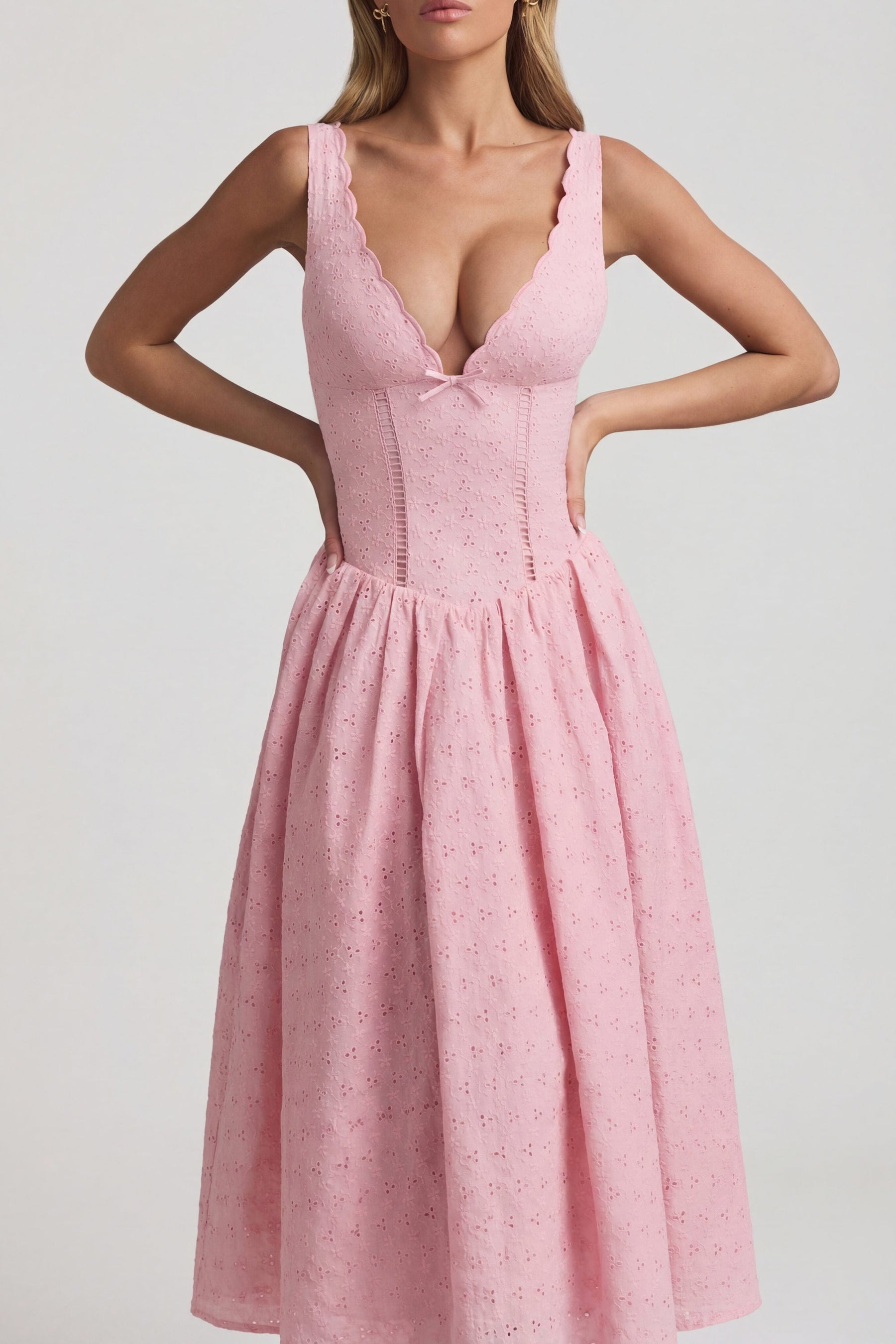 Broderie Anglaise Kurdele Detaylı A Kesim Midaxi Elbise, Yumuşak Pembe