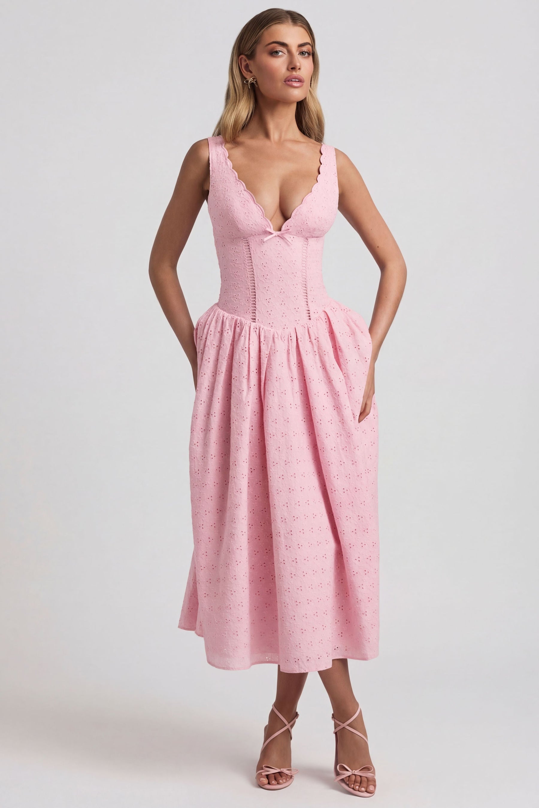 Broderie Anglaise Kurdele Detaylı A Kesim Midaxi Elbise, Yumuşak Pembe