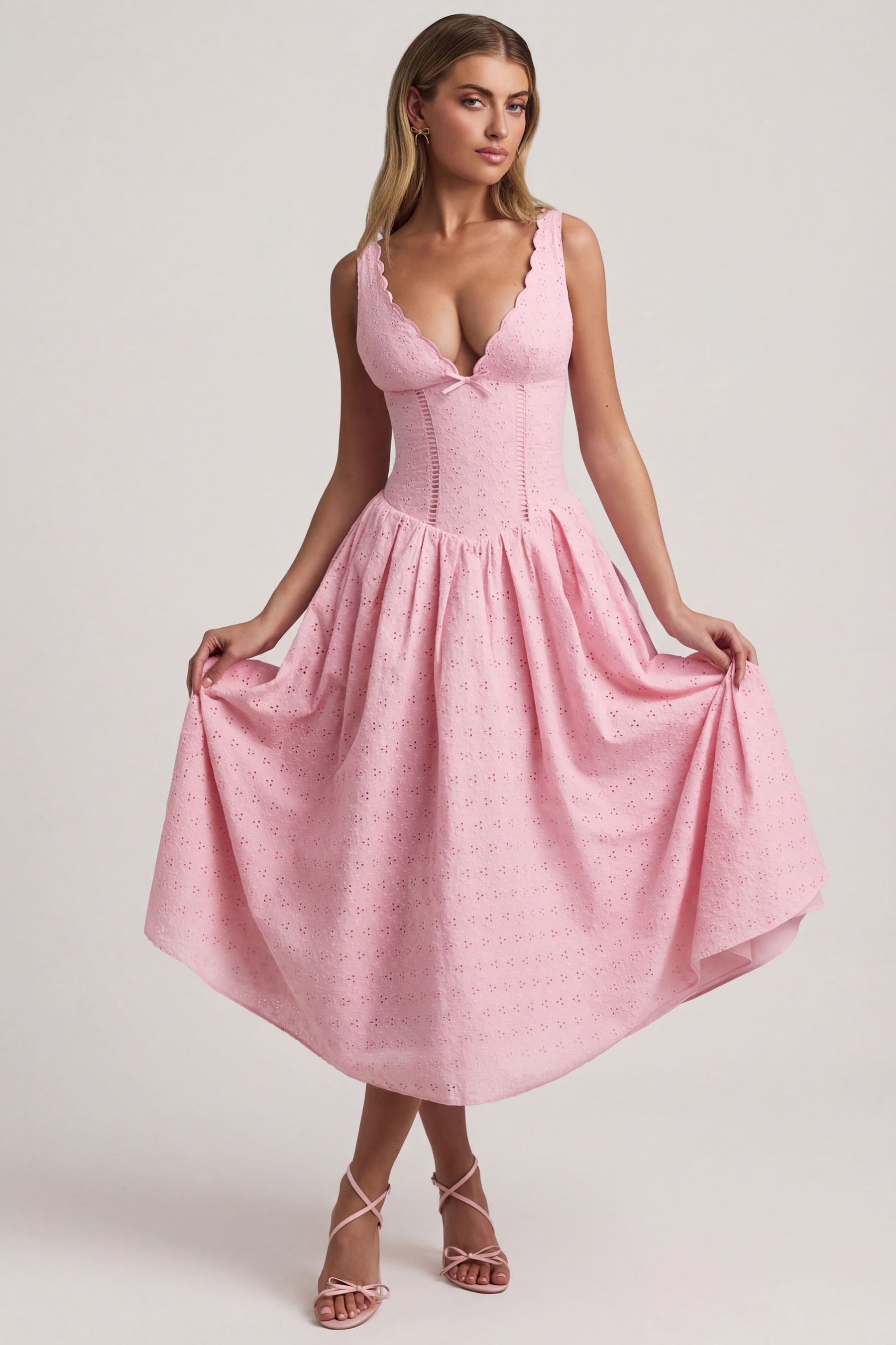 Broderie Anglaise Kurdele Detaylı A Kesim Midaxi Elbise, Yumuşak Pembe