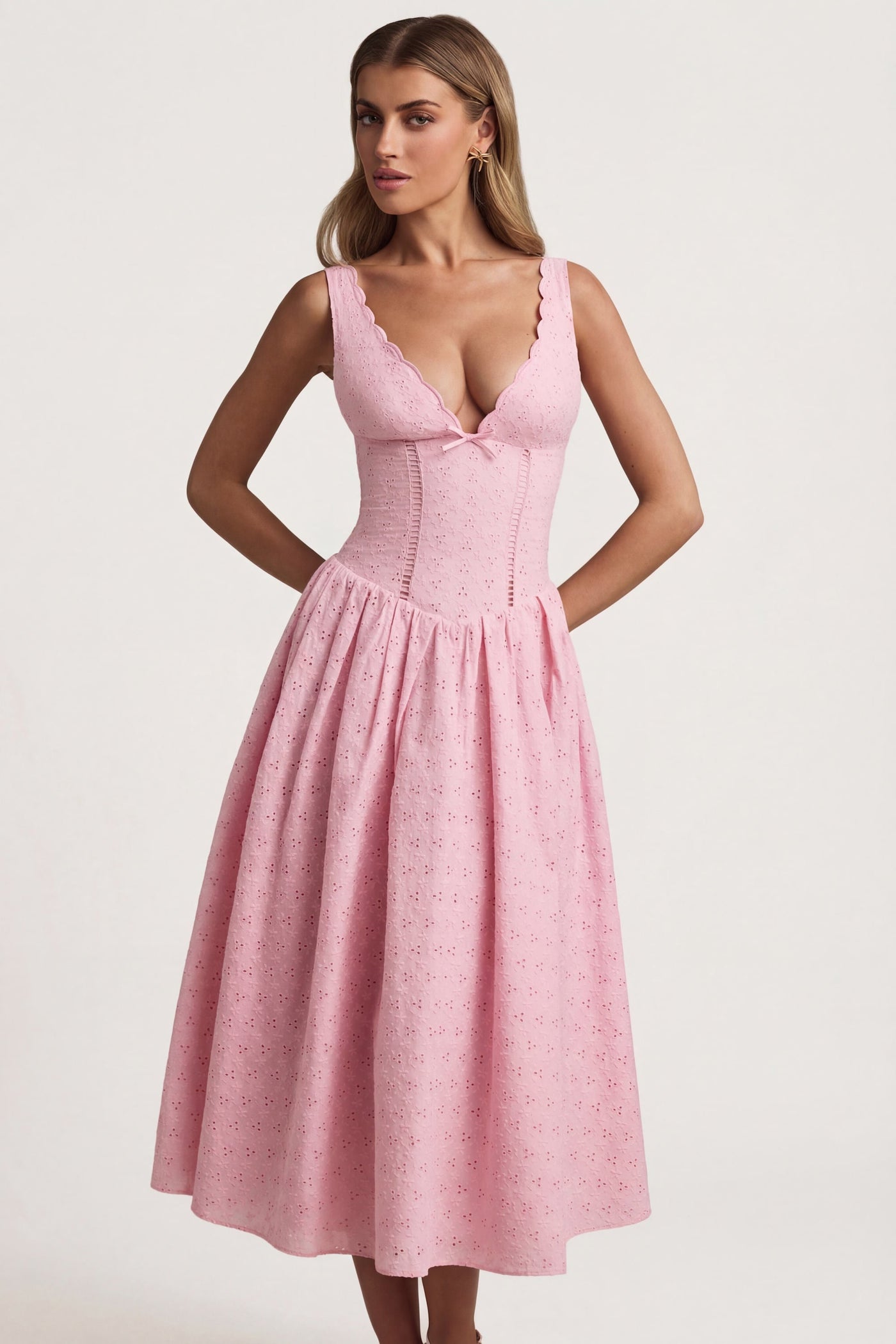Broderie Anglaise Kurdele Detaylı A Kesim Midaxi Elbise, Yumuşak Pembe