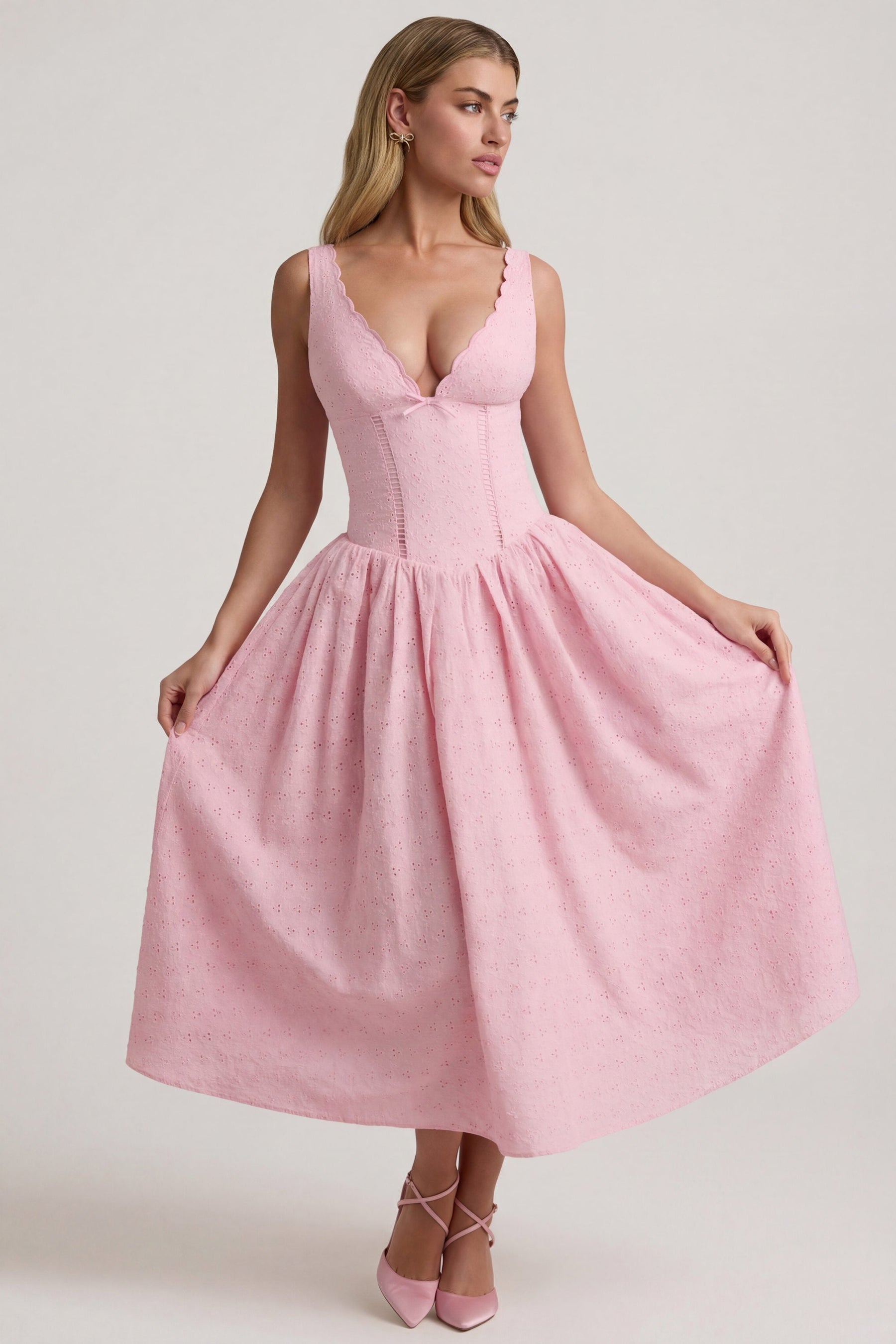 Broderie Anglaise Kurdele Detaylı A Kesim Midaxi Elbise, Yumuşak Pembe