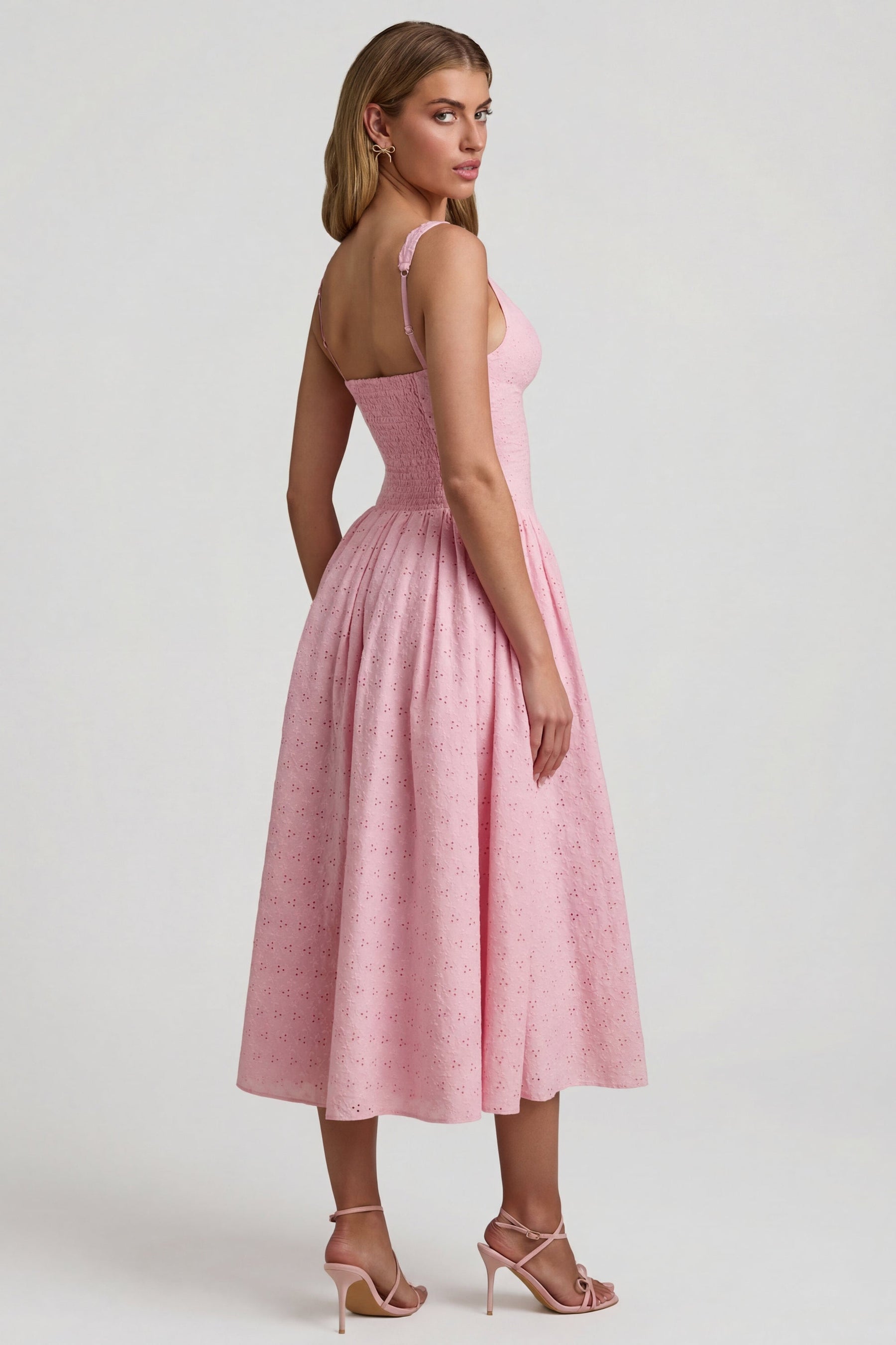 Broderie Anglaise Kurdele Detaylı A Kesim Midaxi Elbise, Yumuşak Pembe