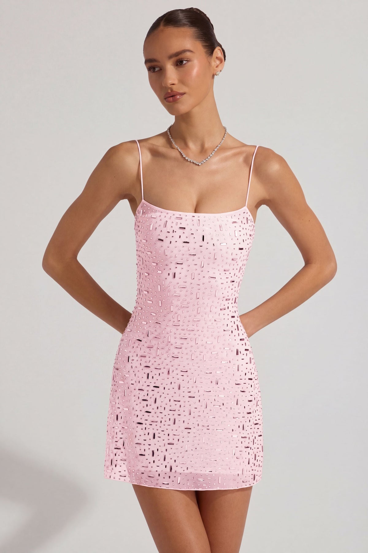 Pembe Renkli, Şeffaf, İşlemeli, Kare Yakalı Mini Elbise