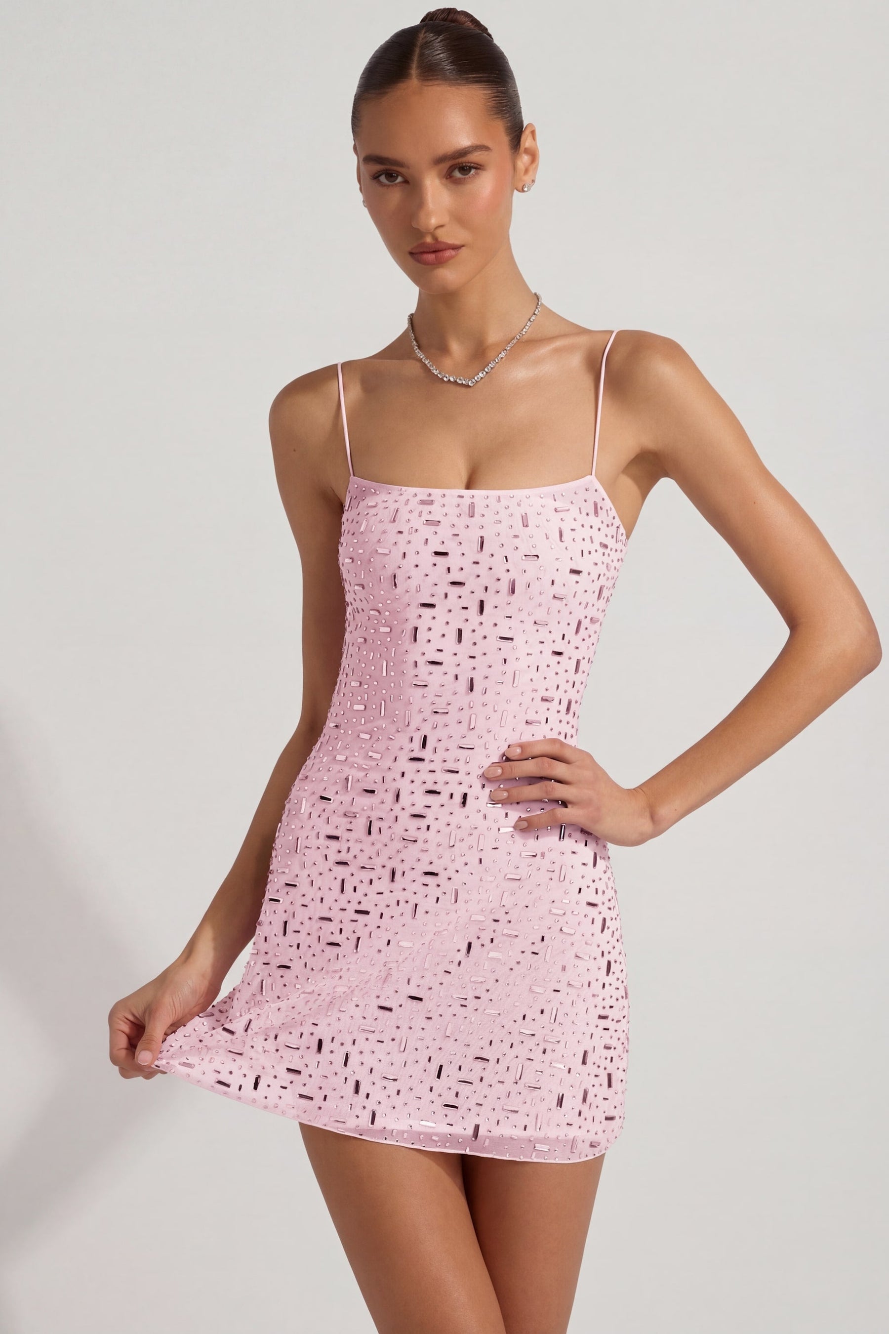 Pembe Renkli, Şeffaf, İşlemeli, Kare Yakalı Mini Elbise