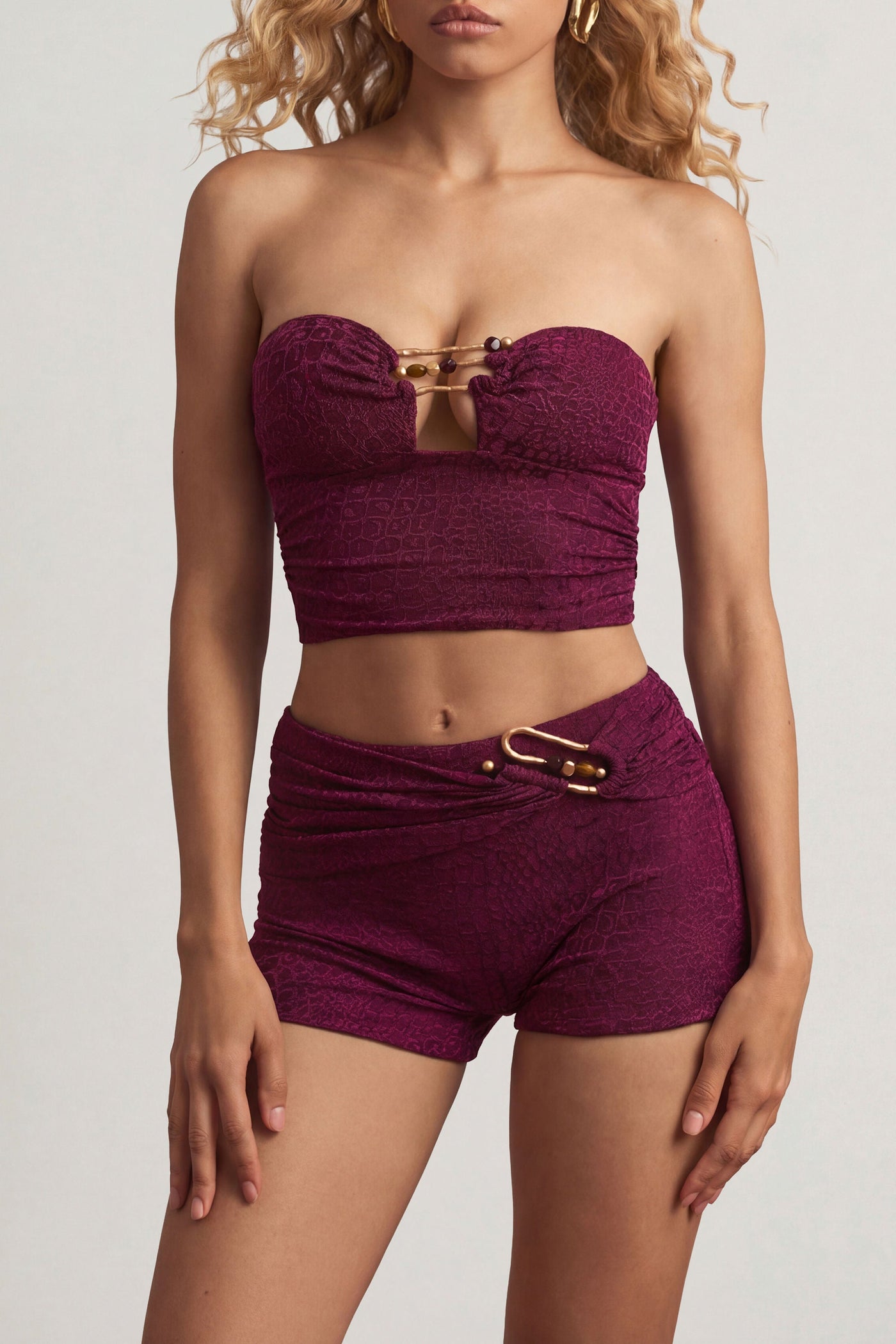 Metal Detaylı Bandeau Crop Top, Böğürtlen Moru