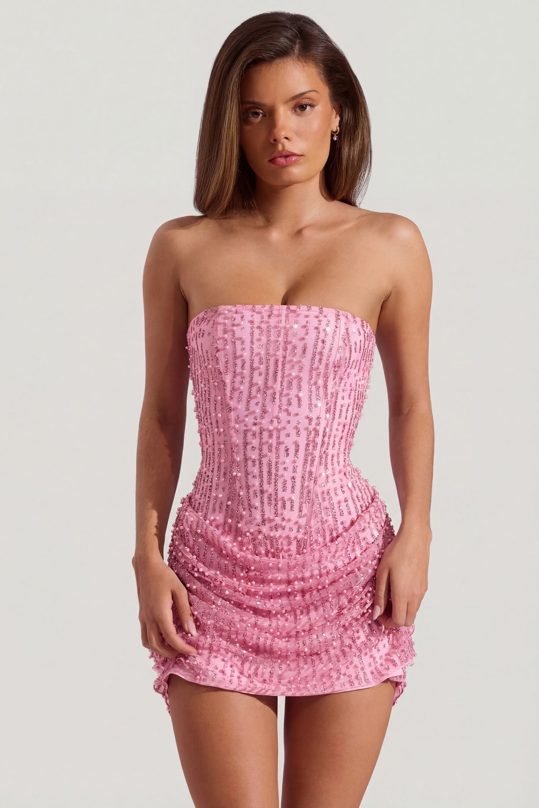 Pembe Renkli, İşlemeli, Dökümlü, Straplez, A Kesim Mini Elbise