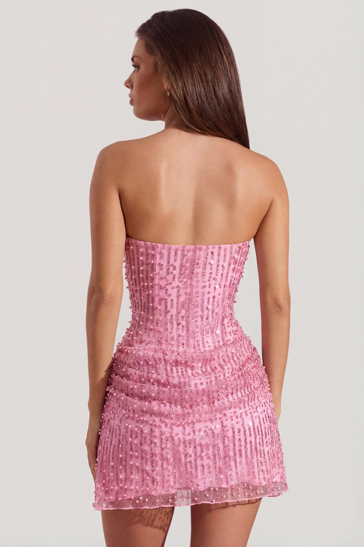 Pembe Renkli, İşlemeli, Dökümlü, Straplez, A Kesim Mini Elbise