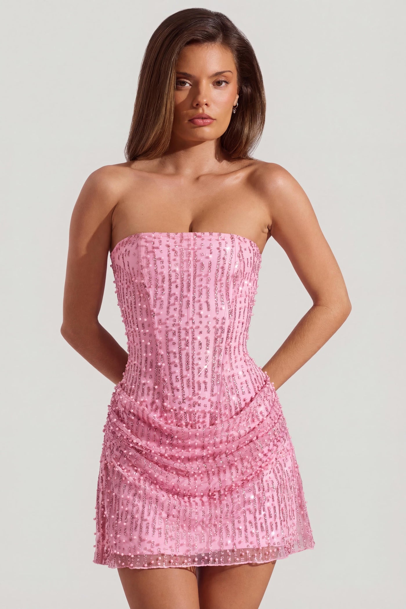Pembe Renkli, İşlemeli, Dökümlü, Straplez, A Kesim Mini Elbise
