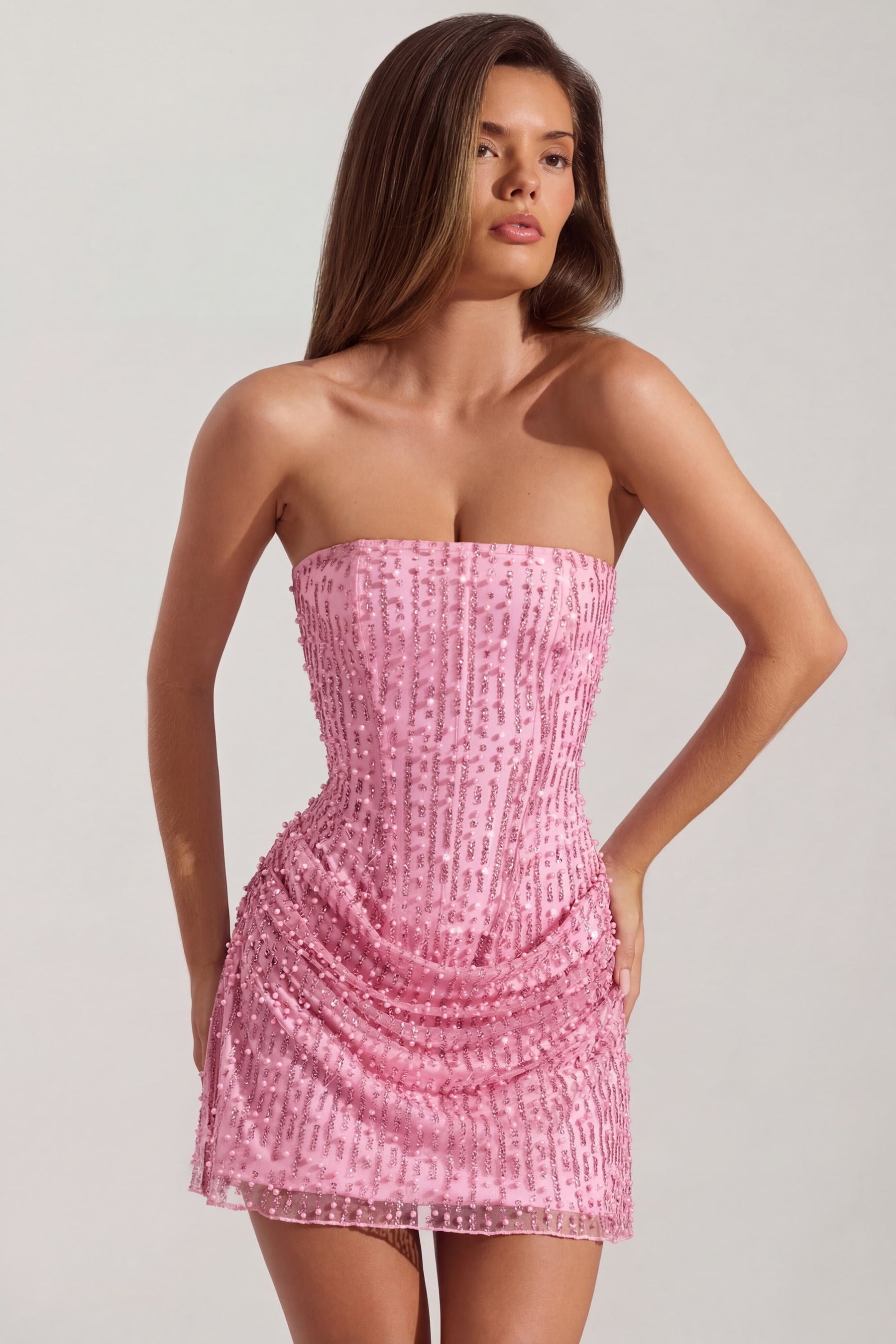 Pembe Renkli, İşlemeli, Dökümlü, Straplez, A Kesim Mini Elbise