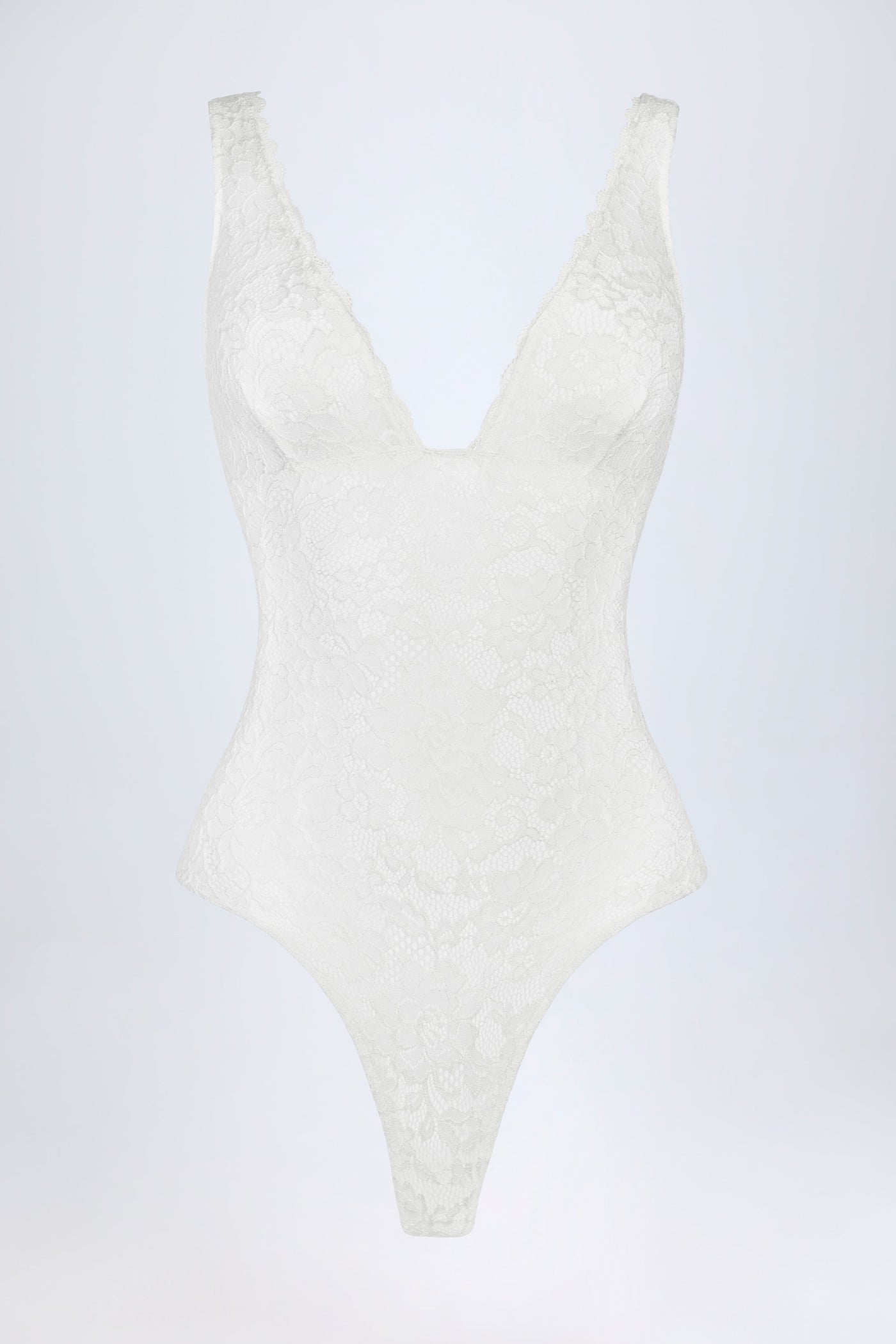Beyaz Renkli, Şeffaf Dantelli, Dalgalı Yakalı Body
