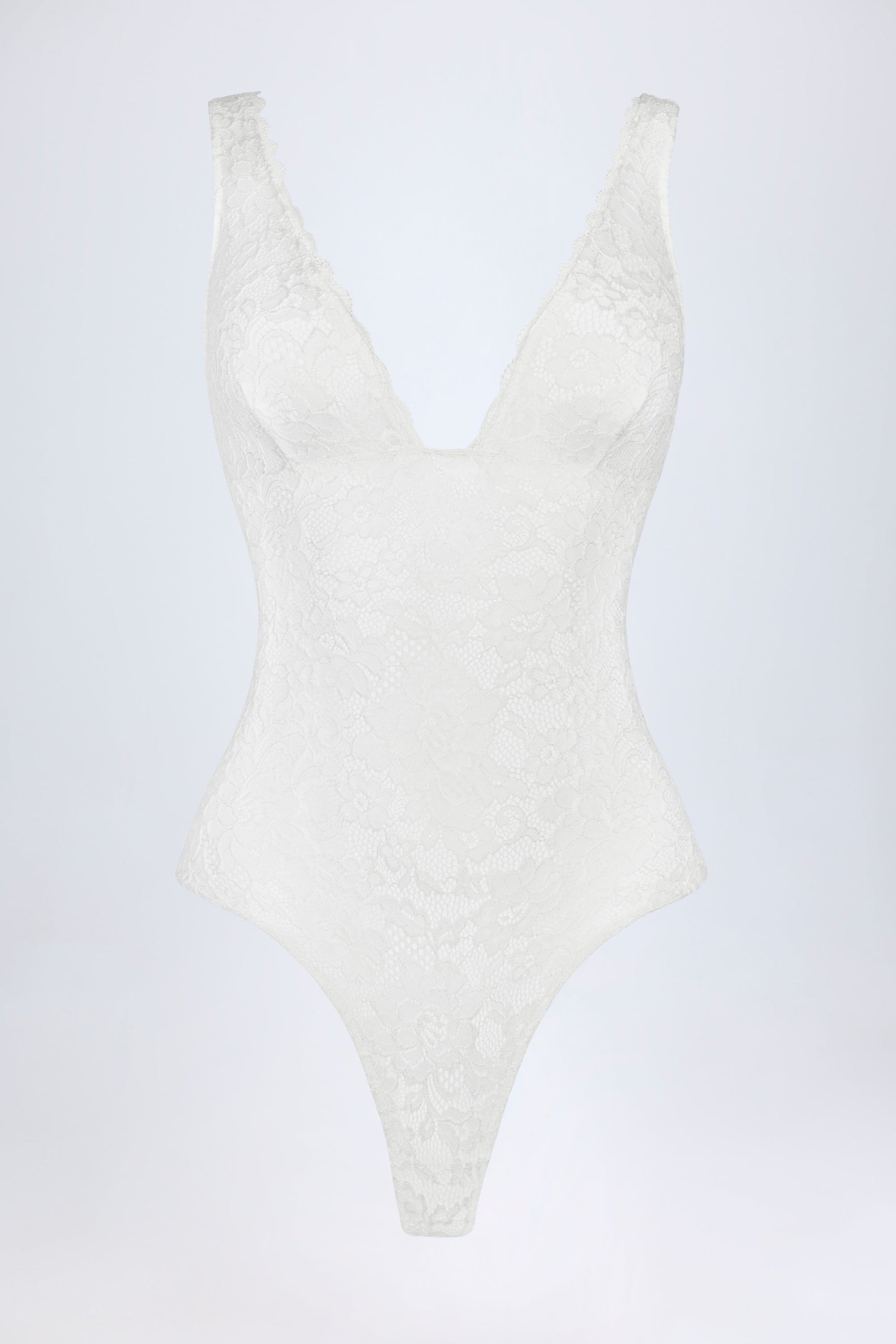 Beyaz Renkli, Şeffaf Dantelli, Dalgalı Yakalı Body