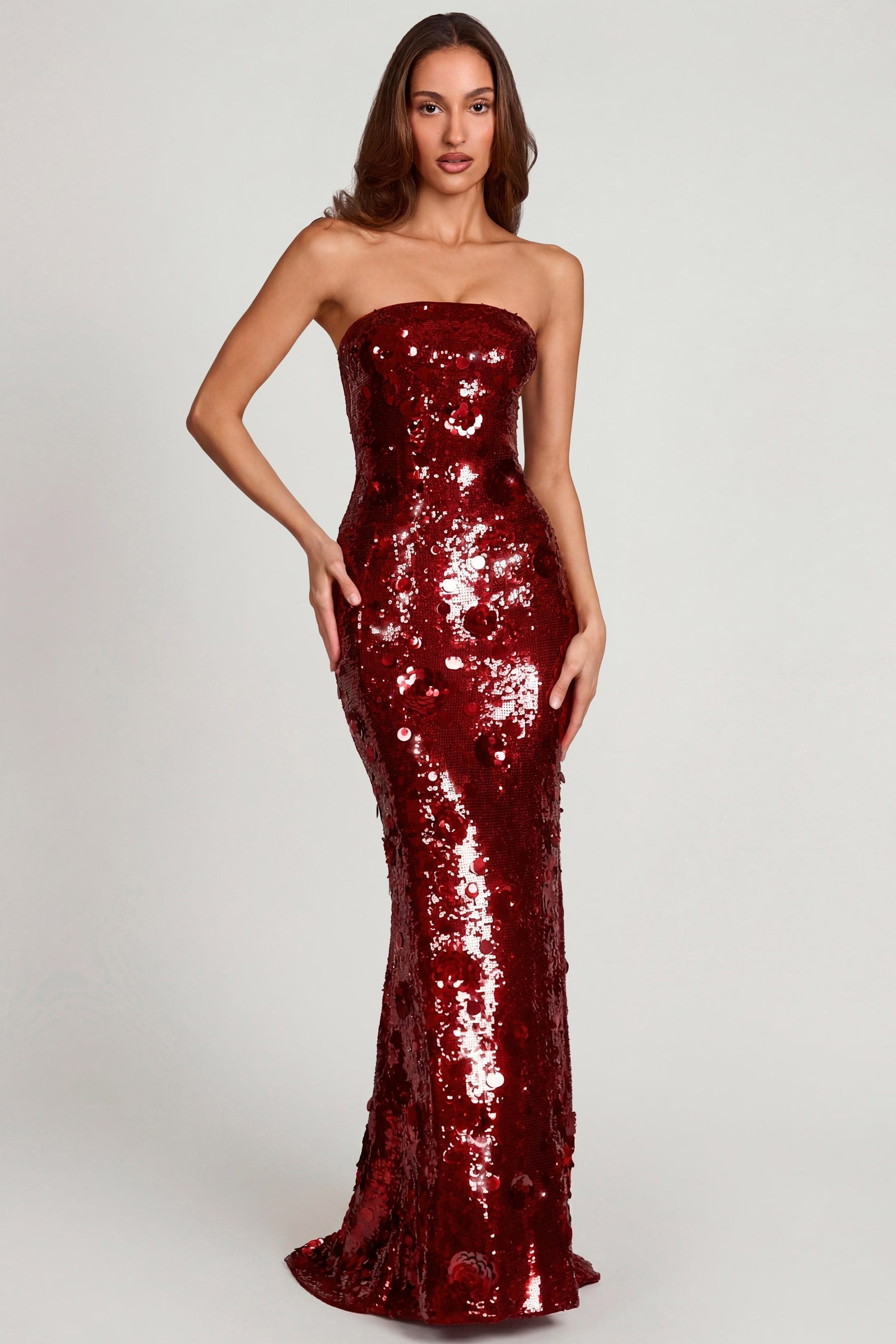 3D İşlemeli Bandeau Maksi Elbise, Kırmızı