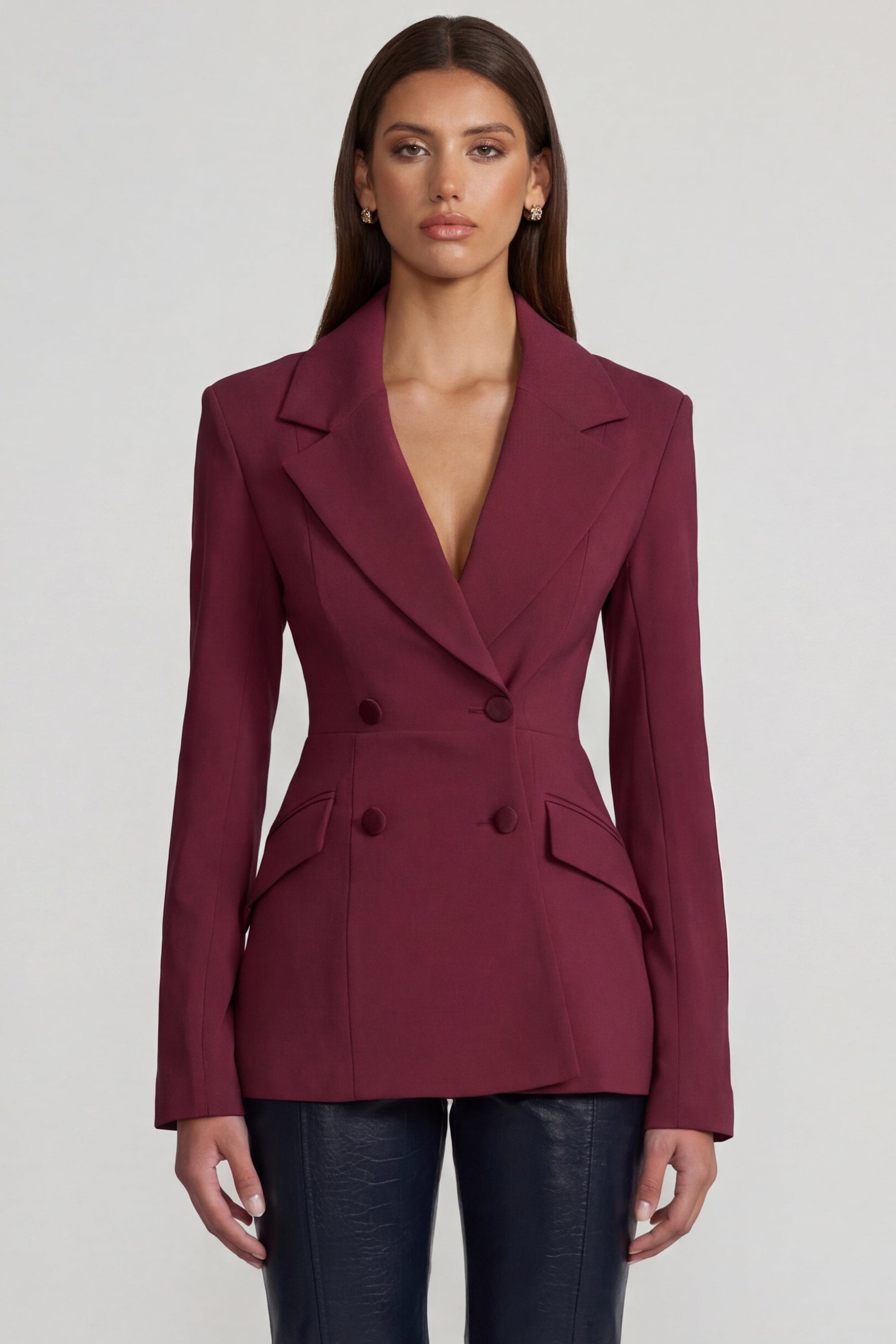 Yapılı Çift Düğmeli Bordo Blazer Ceket