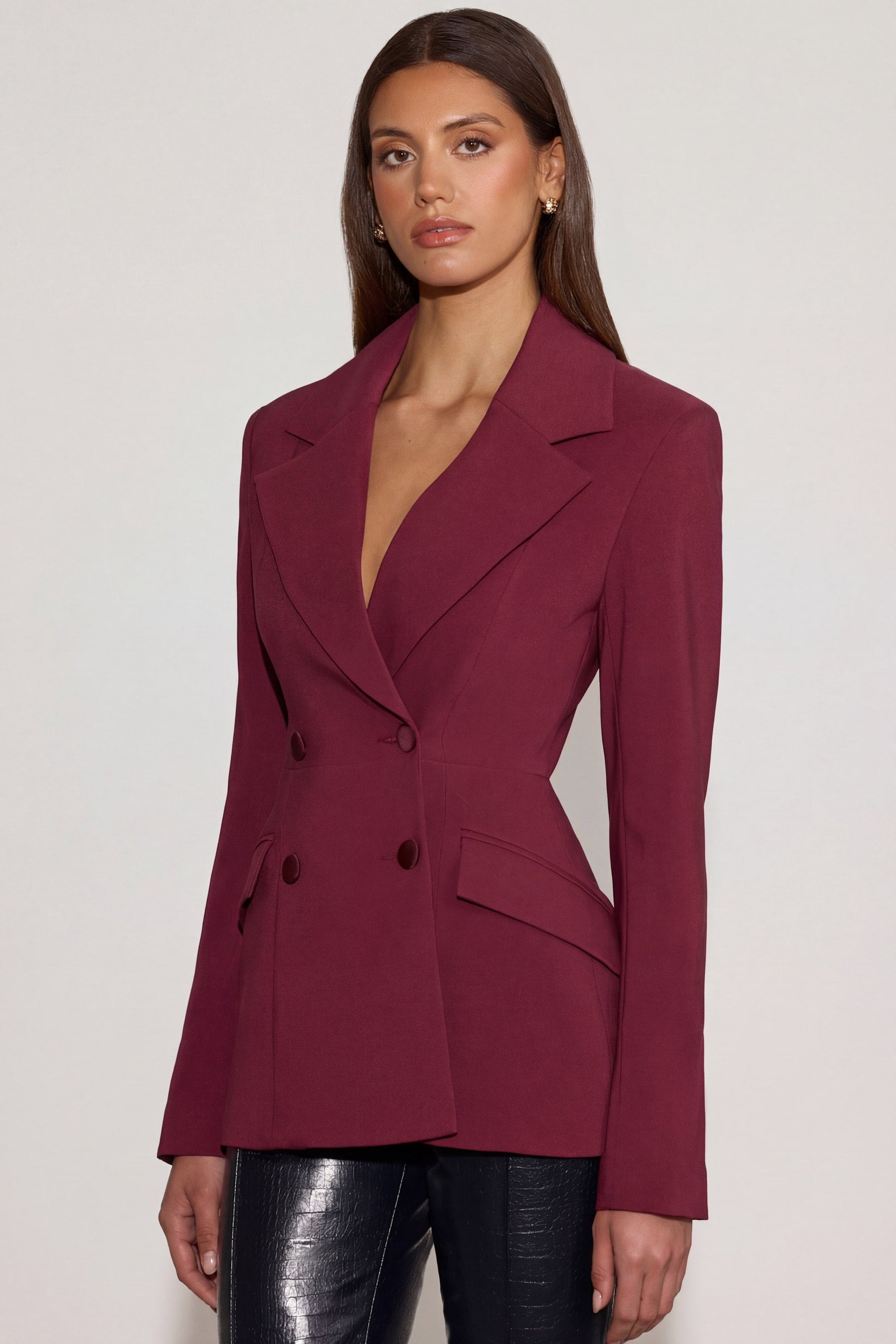 Yapılı Çift Düğmeli Bordo Blazer Ceket